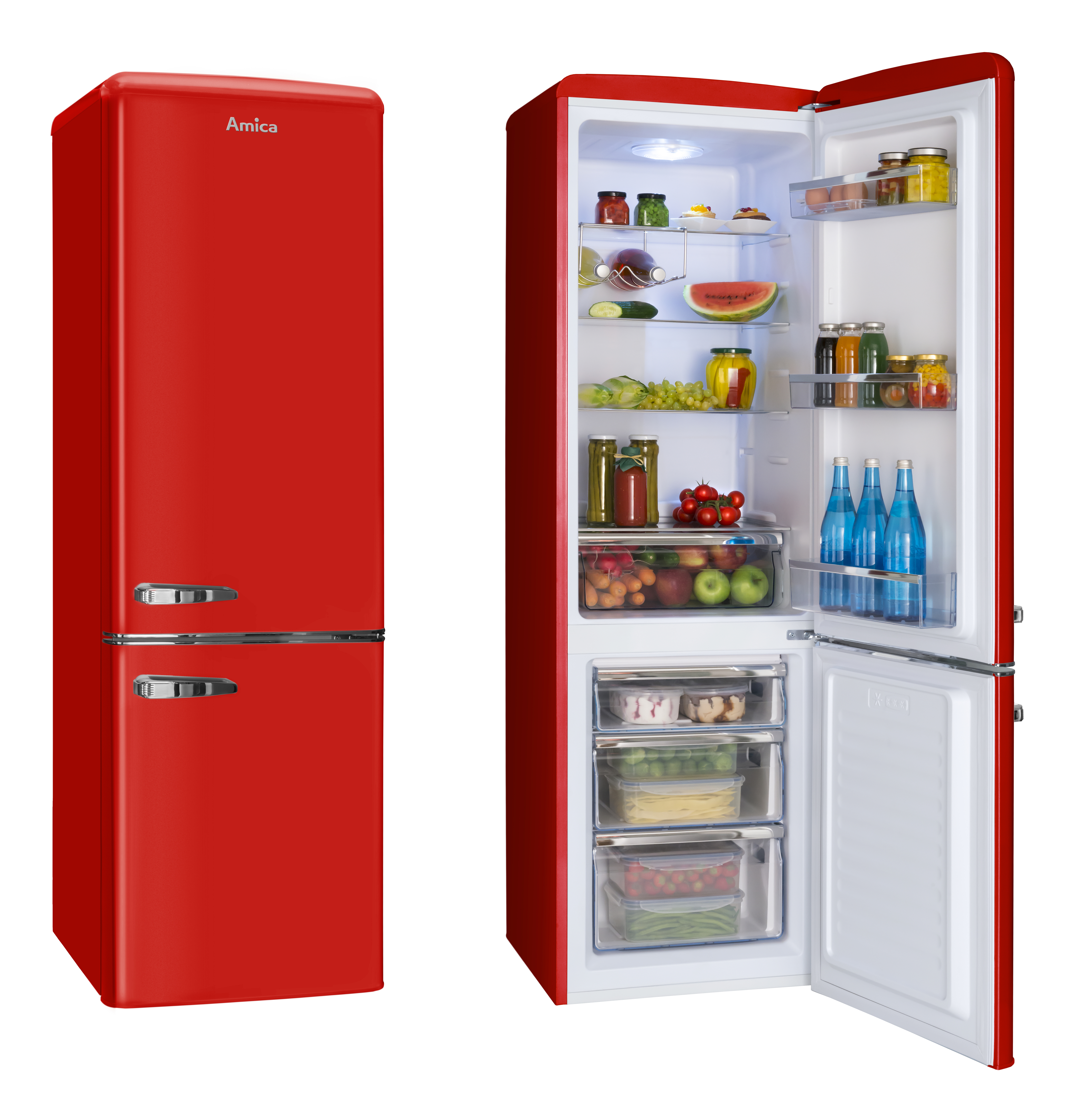 Ein roter Retro-Kühlschrank, links geschlossen und rechts geöffnet, mit Regalen mit Lebensmitteln.