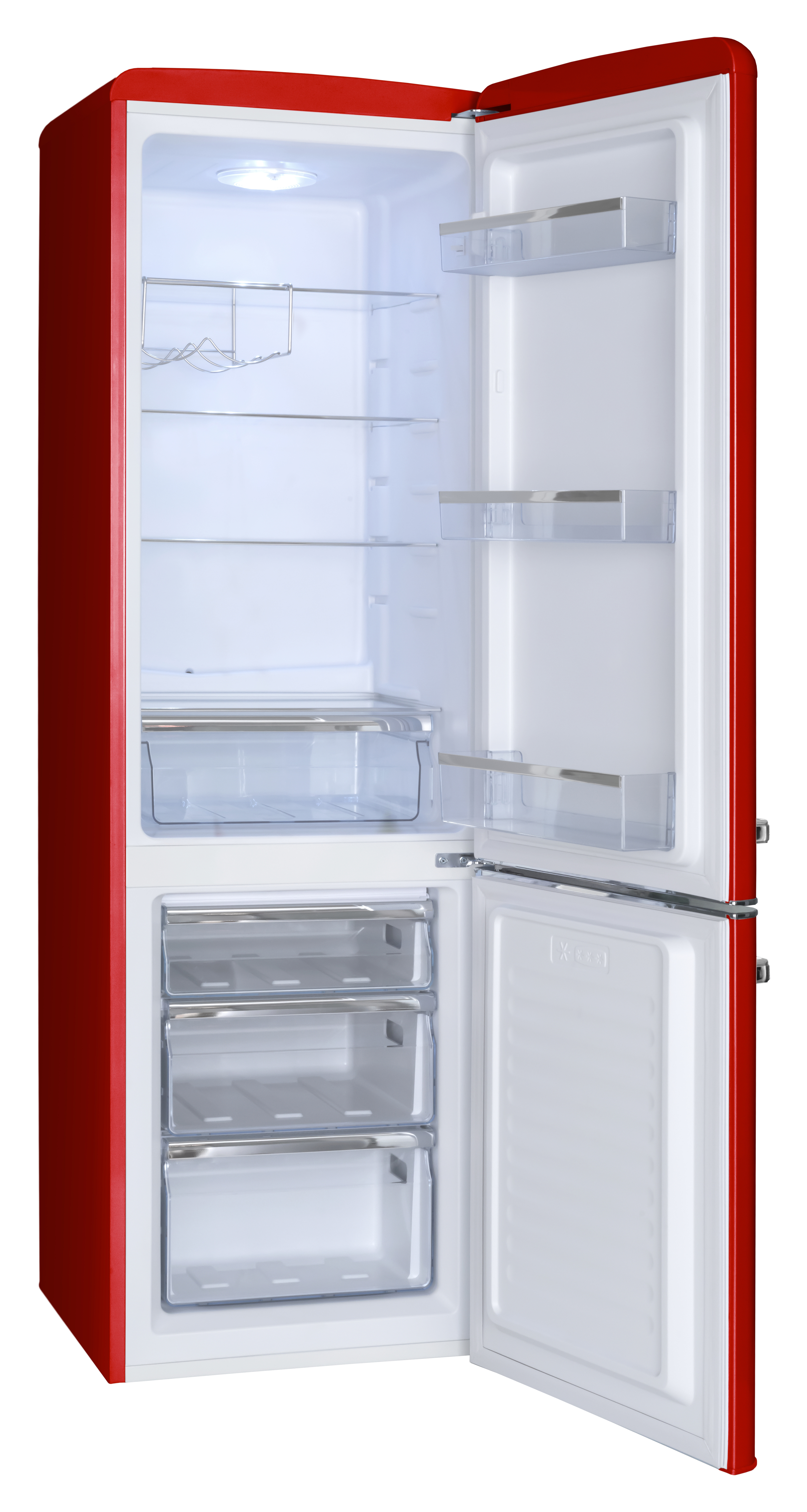 Offener roter Kühlschrank, der das Innere zeigt. Regale, Schubladen und ein Licht sind sichtbar. Die Tür ist nach rechts offen.