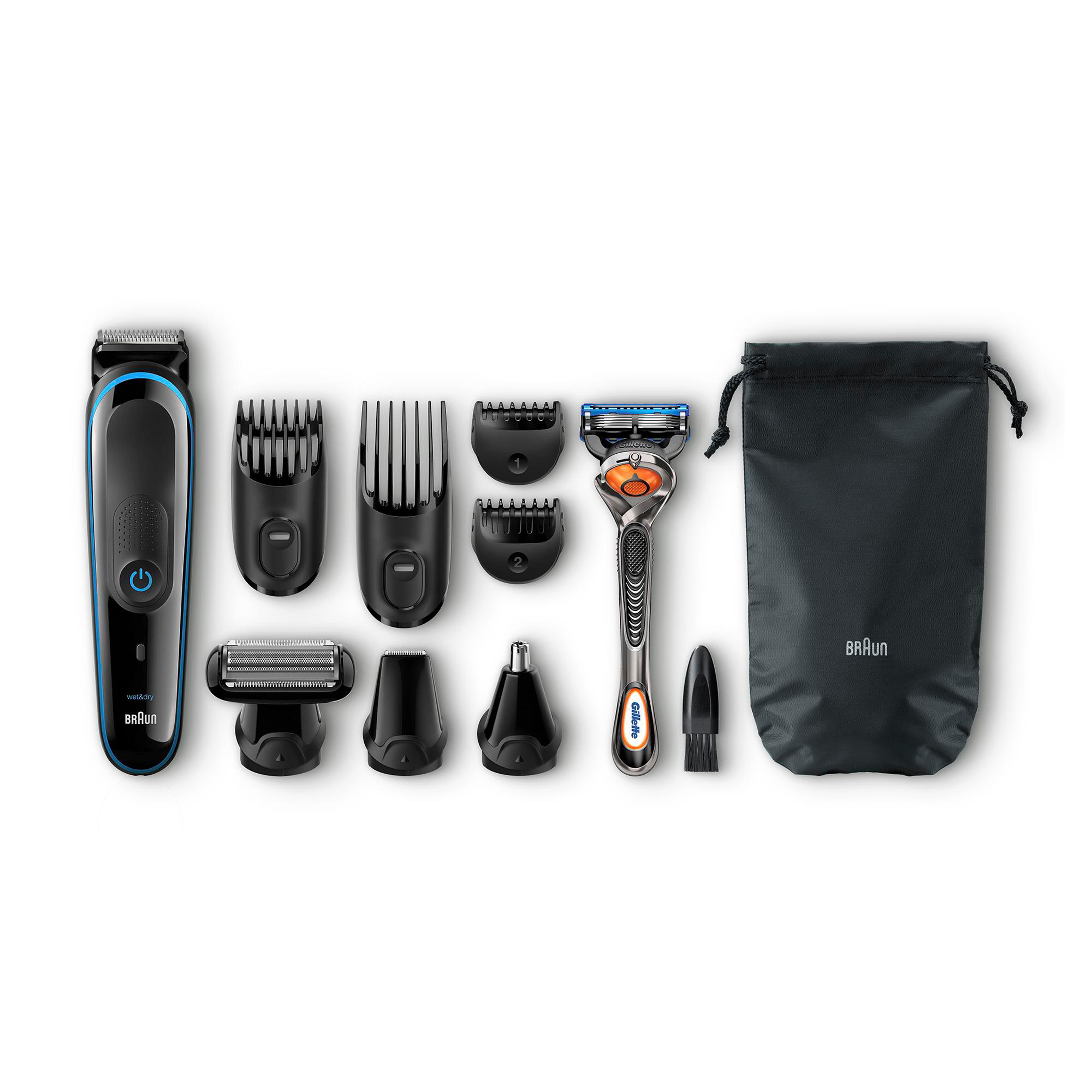 Braun Bartpflege-Set mit mehreren Aufsätzen, Rasierer und schwarzer Tasche. Weißer Hintergrund.