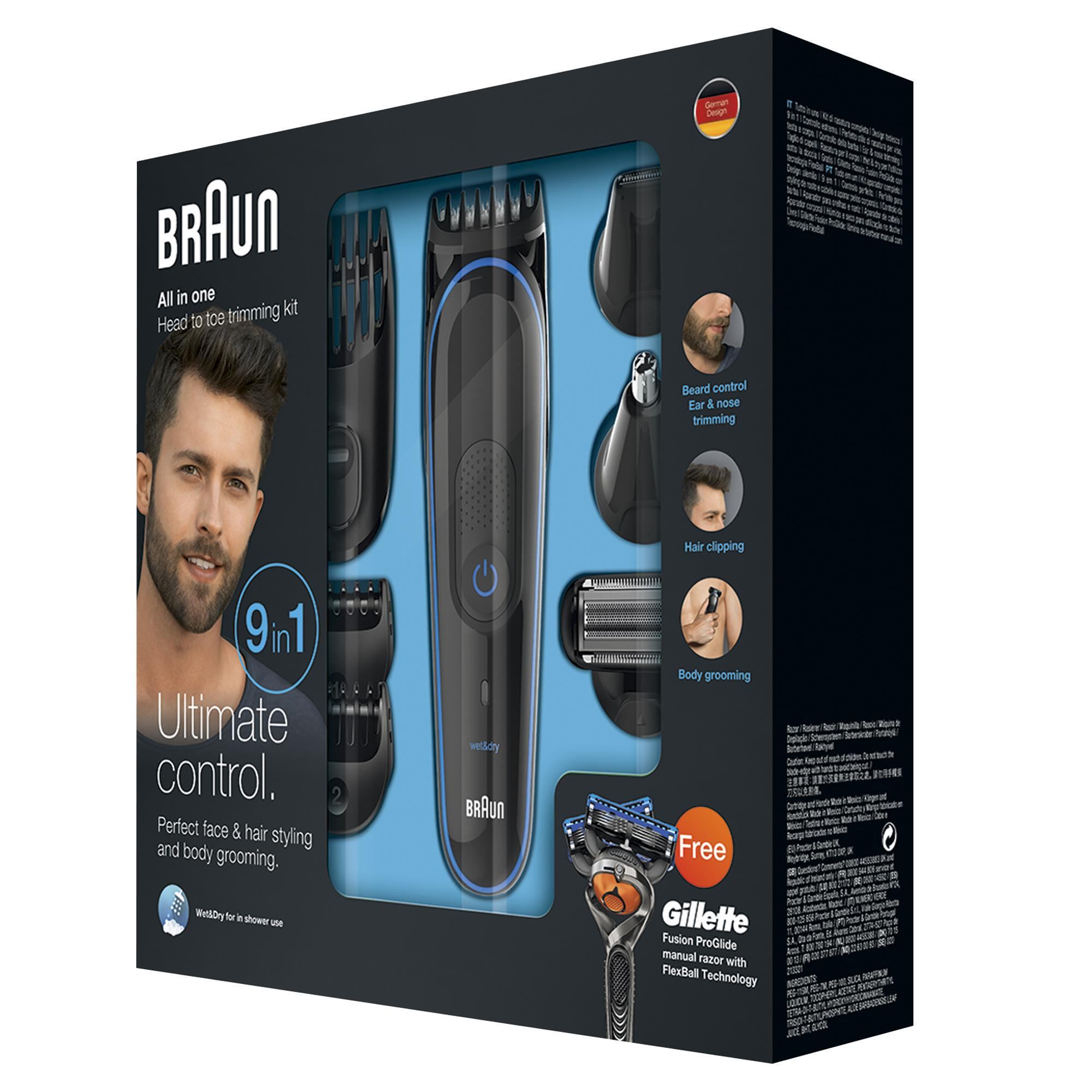 Braun-Pflegeset-Box. Enthält Trimmer, Aufsätze und Gillette-Rasierer. Mann auf der Vorderseite.