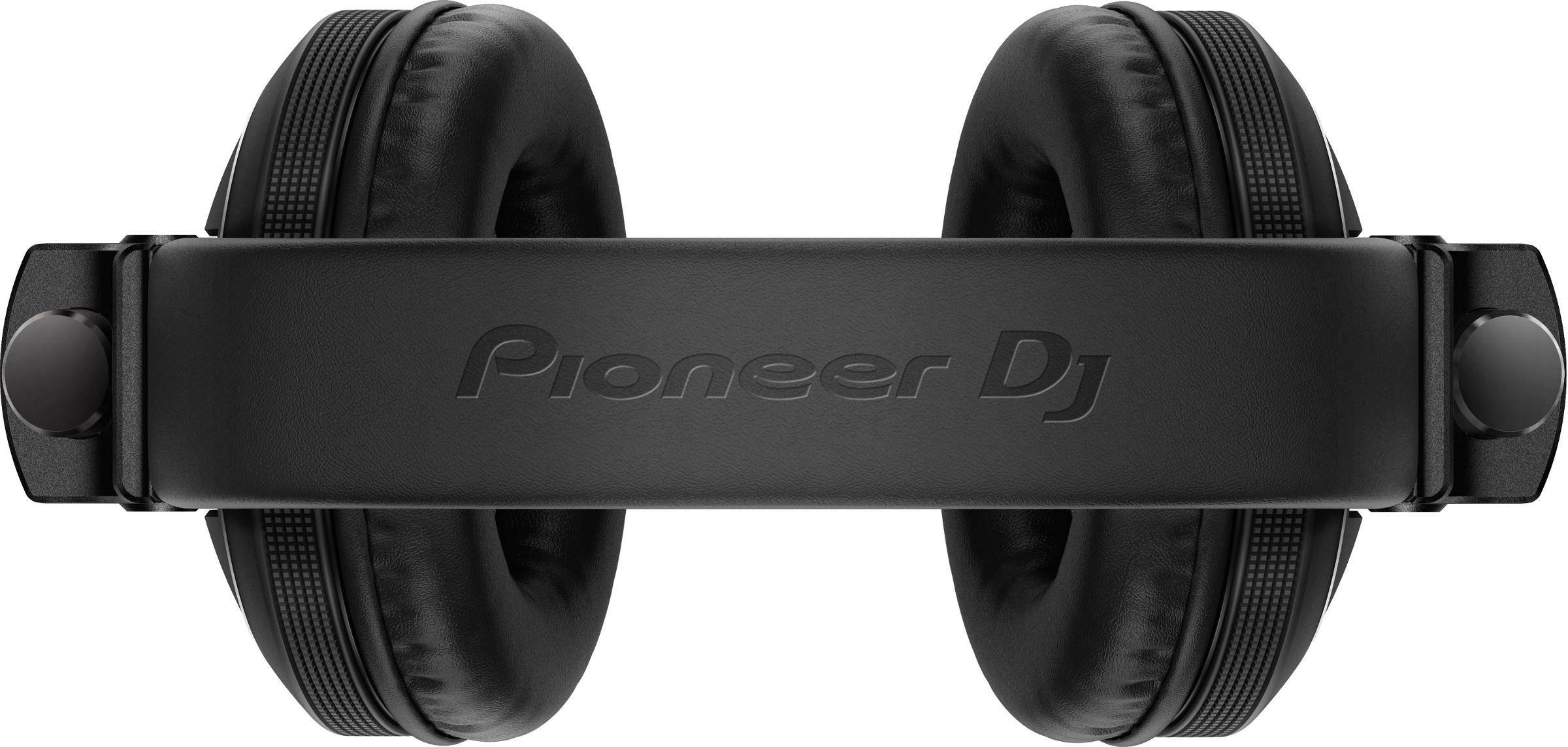 Bovenaanzicht van zwarte Pioneer DJ-hoofdtelefoon, bovenkant van de hoofdband zichtbaar.