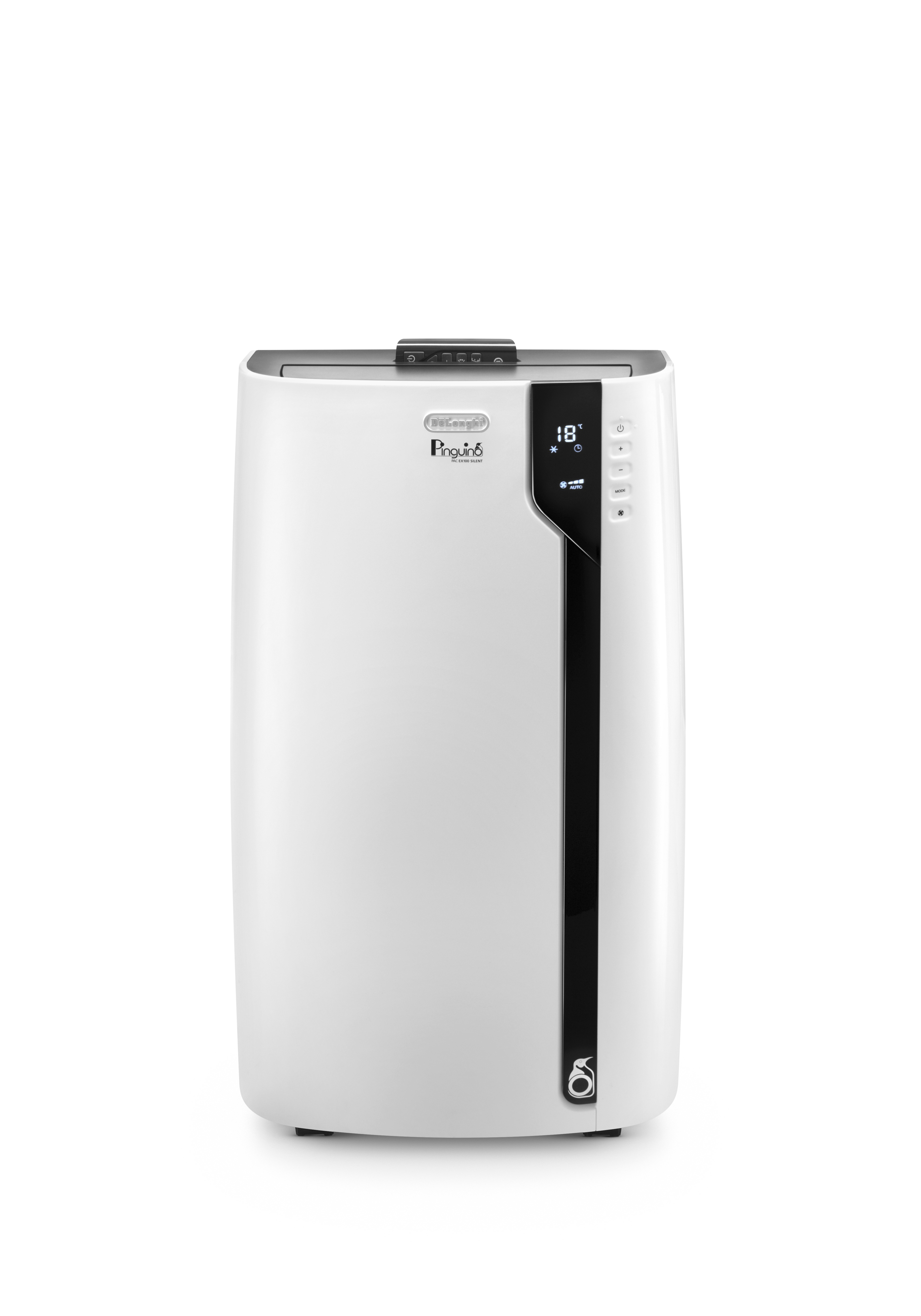 Condizionatore portatile DeLonghi Pinguino bianco su sfondo bianco.