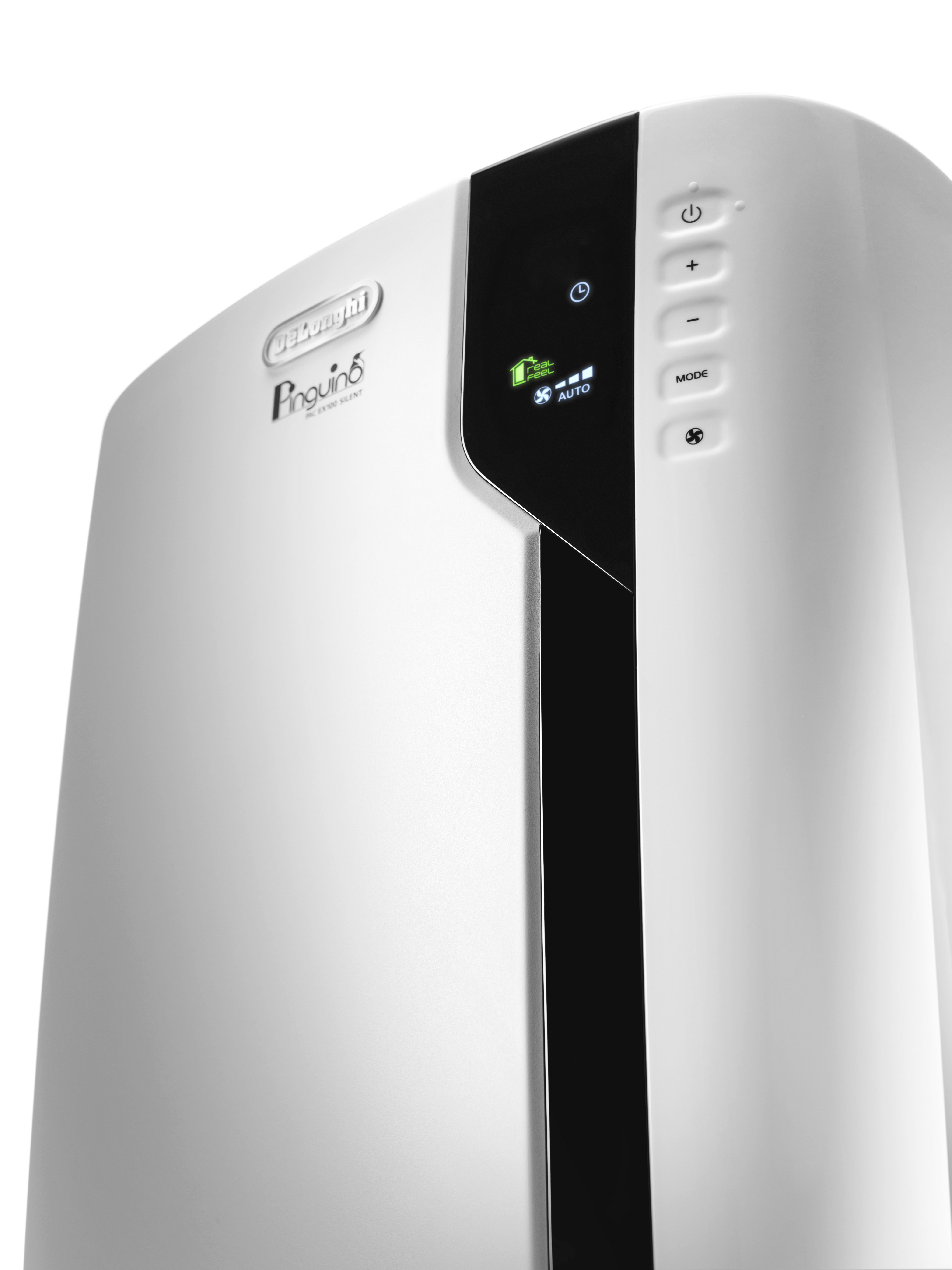 Purificatore d'aria bianco con accento nero e pannello di controllo, su sfondo bianco.