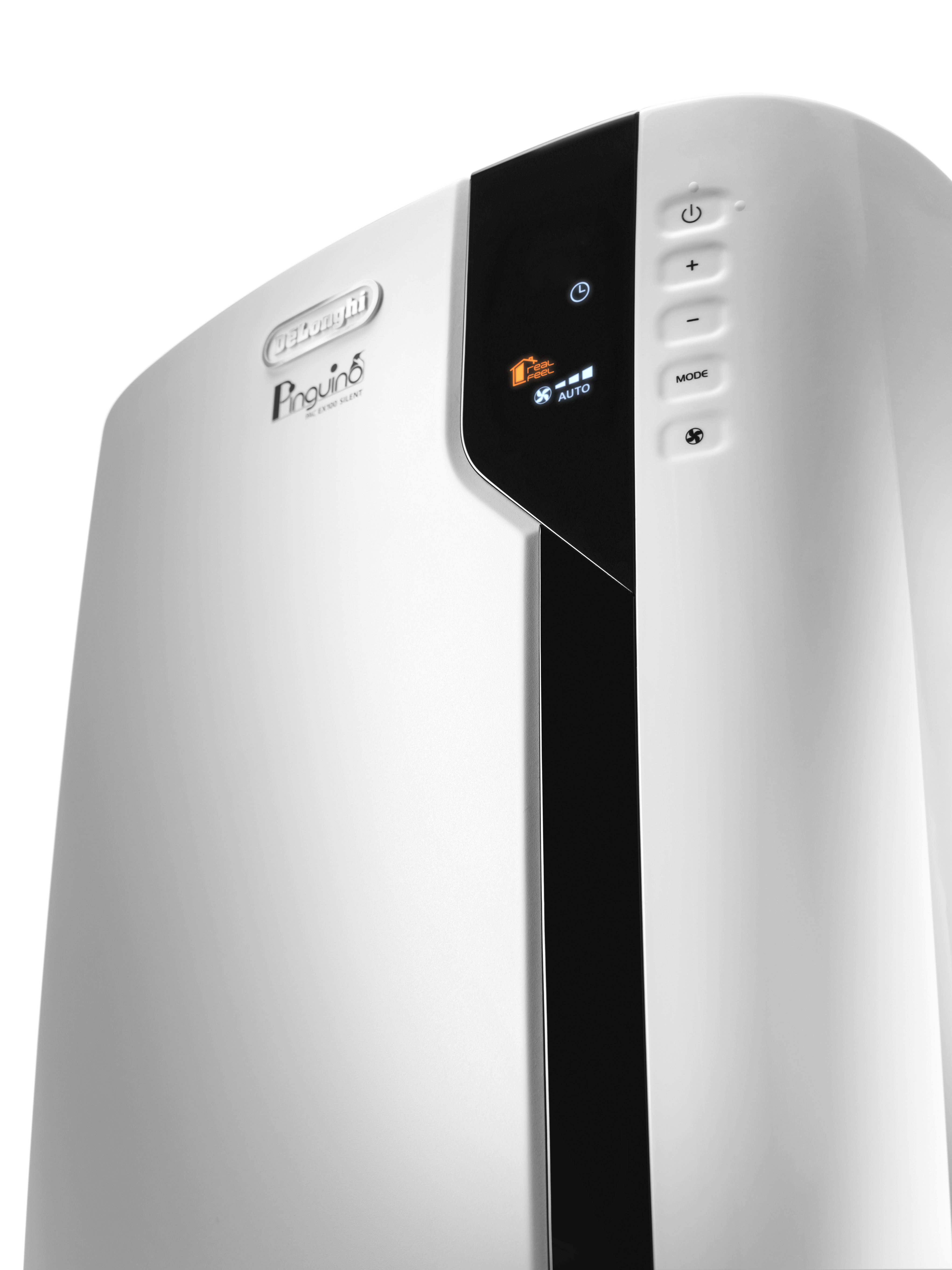 Purificatore d'aria bianco e nero con display digitale che mostra impostazioni e pulsanti.