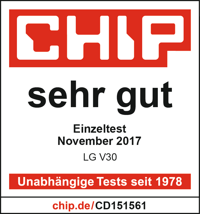 CHIP Magazin, 'sehr gut' Bewertung. Einzeltest November 2017, LG V30. Rot und weiß.