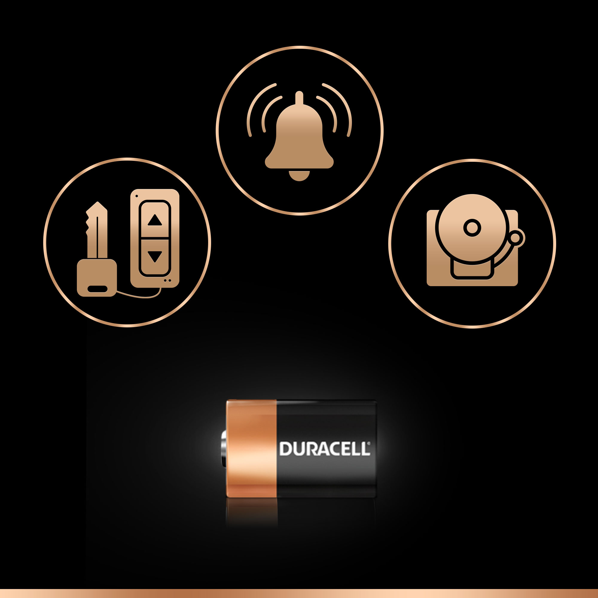 Sfondo nero con icone dorate di chiave, campanello e allarme. Batteria Duracell.