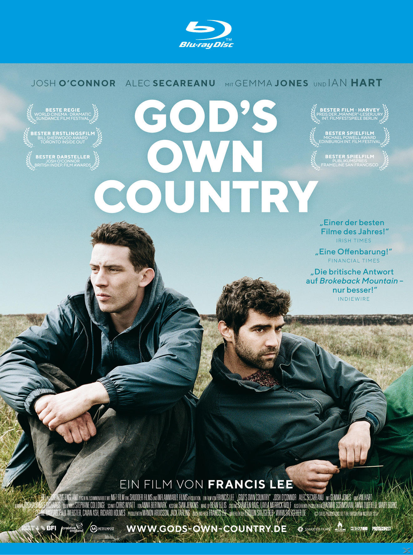 Blu-ray-Cover für den Film 'God's Own Country' mit zwei Männern auf einem Feld.