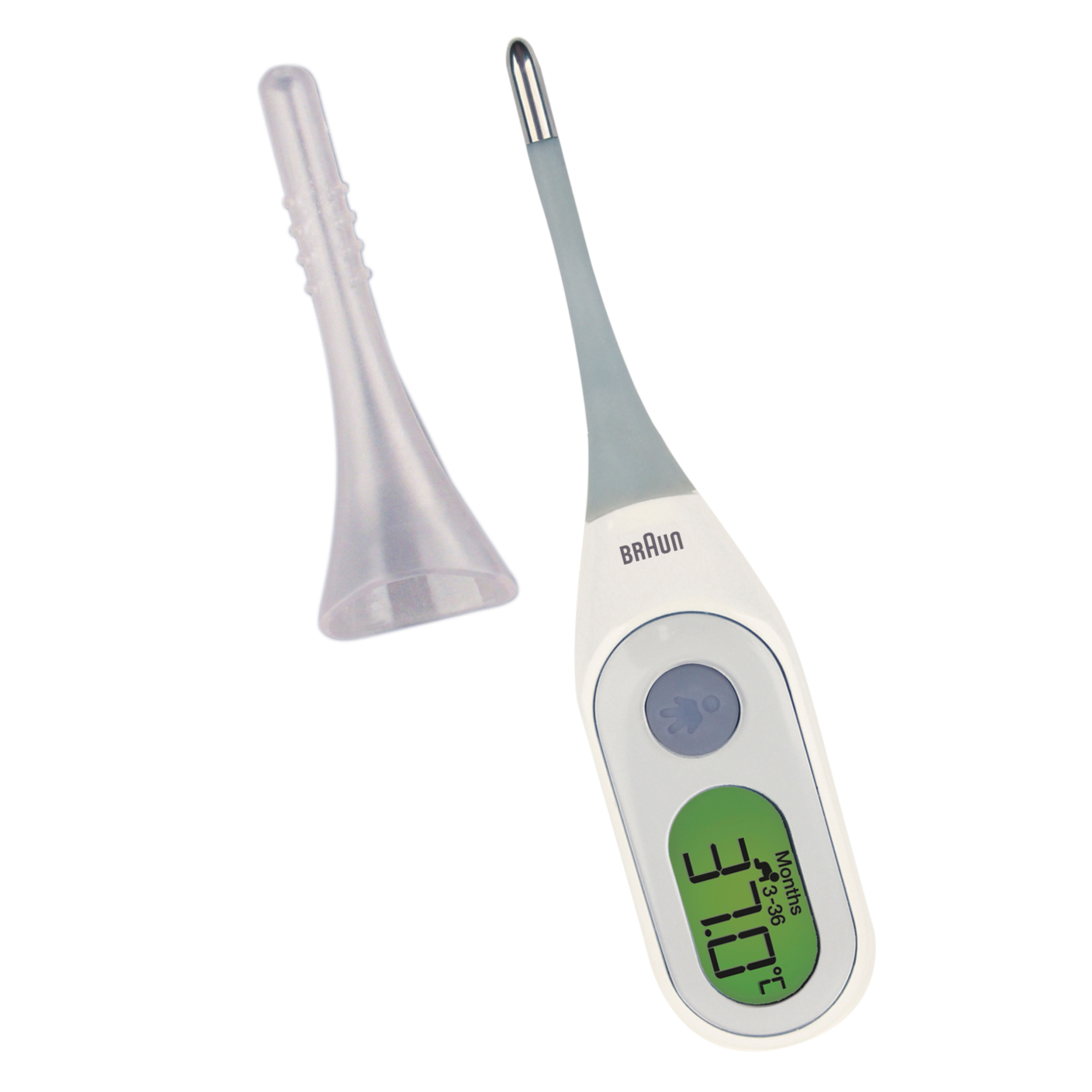 Ein digitales Thermometer mit klarer Abdeckung daneben, zeigt 37,0 Grad.