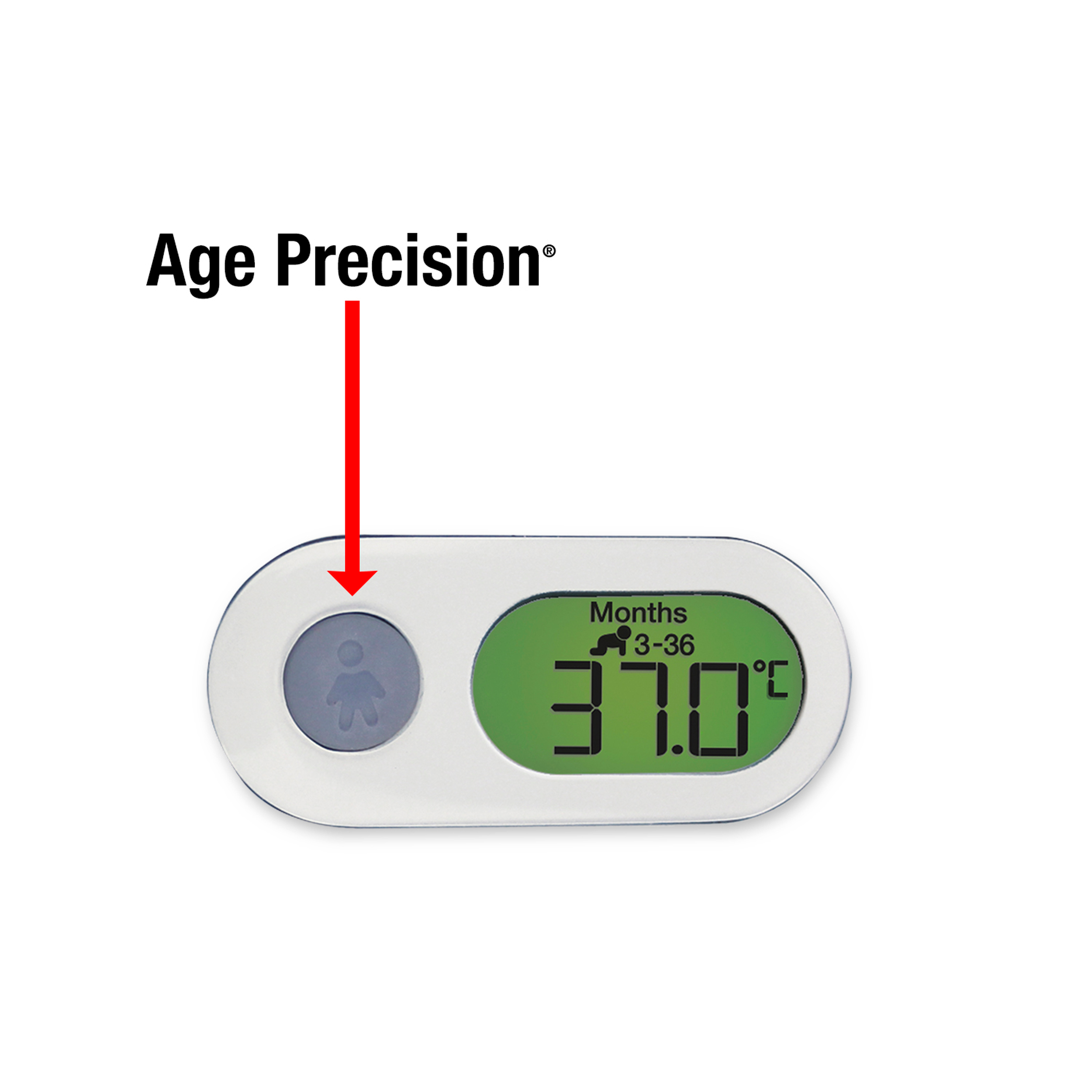 Ein digitales Thermometer mit grüner Anzeige, 37,0°C und dem Text "Age Precision".