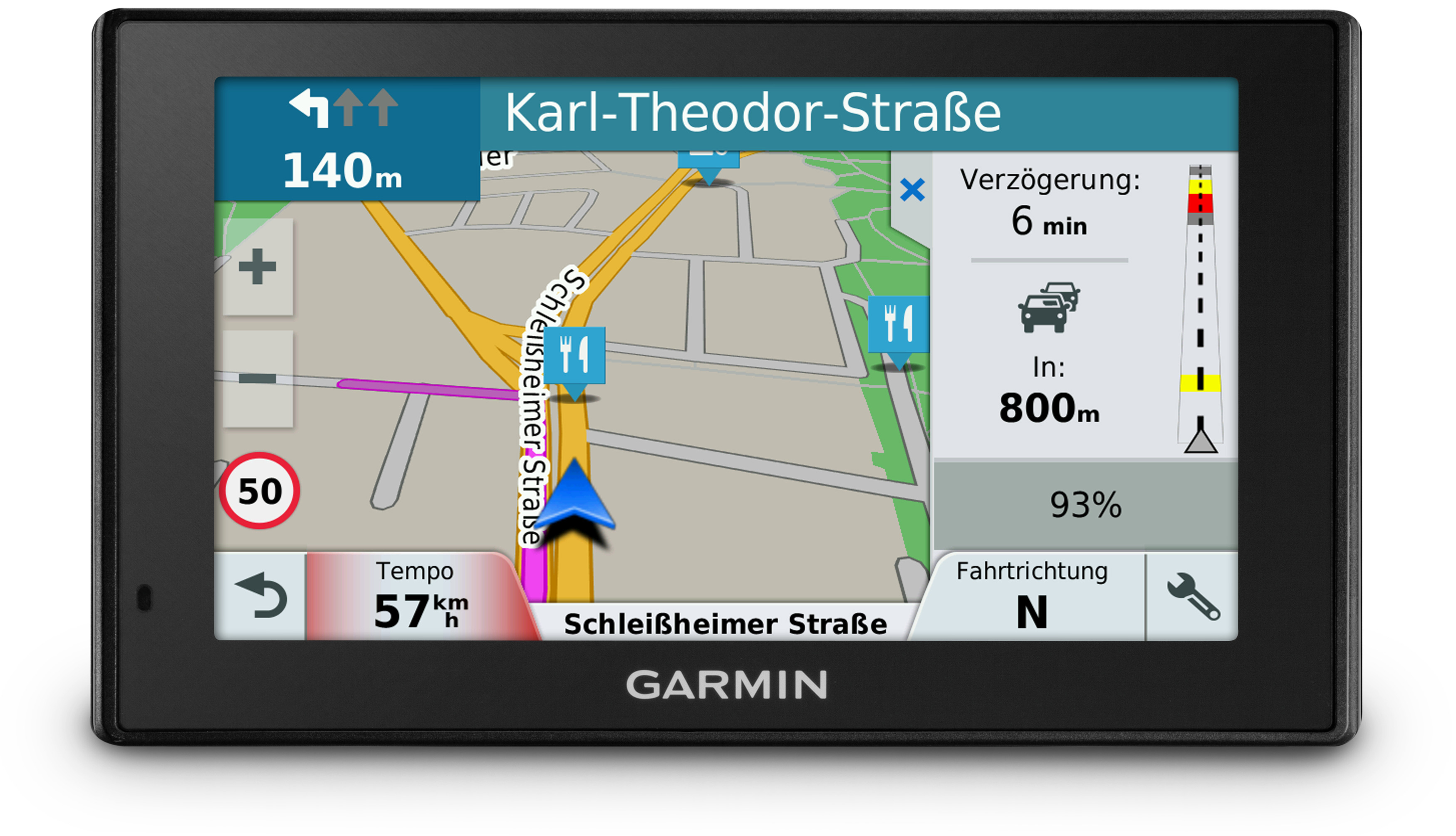 GPS-Gerät, das eine Karte mit Navigationsanweisungen anzeigt. Zeigt Geschwindigkeit, Zeit und geschätzte Ankunftszeit.