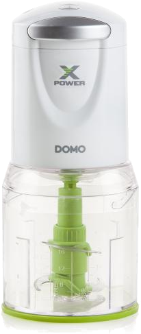 Hachoir alimentaire blanc et vert. Récipient transparent et une lame verte à l'intérieur. Le logo Domo est visible.