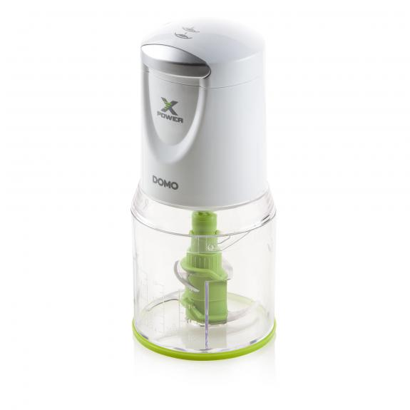 Hachoir alimentaire blanc et transparent avec des accents verts. Le moteur a une étiquette X Power.