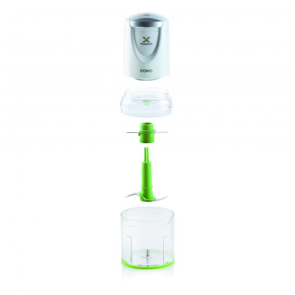 Robot culinaire blanc et vert démonté. Les composants incluent un moteur, un ensemble de lames et un récipient transparent.
