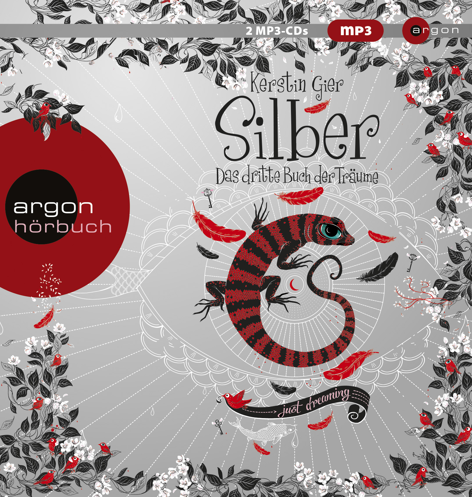 Hörbuchcover: 'Silber' mit roter Eidechse und floralem Design.