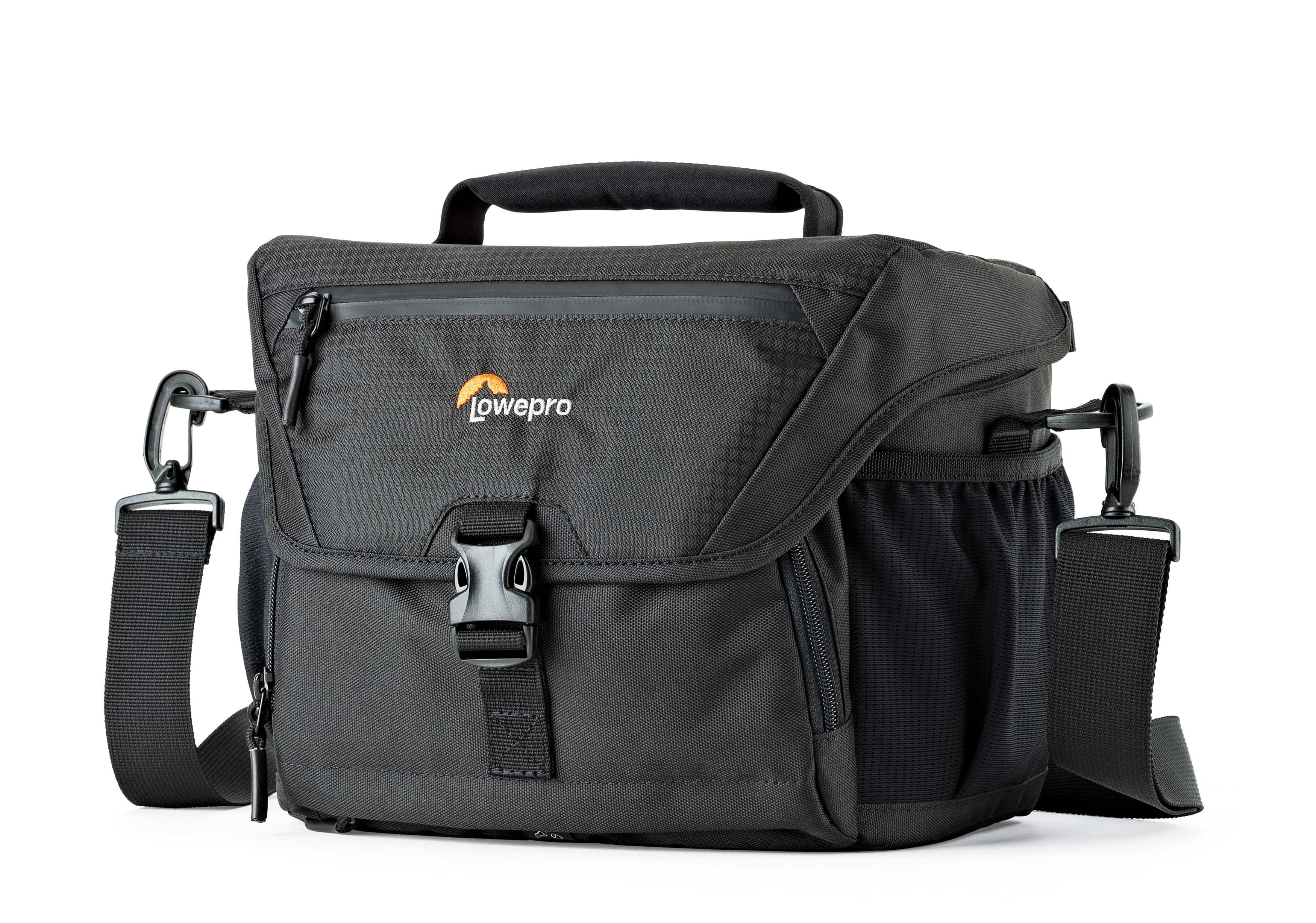 Schwarze Lowepro Kameratasche mit Griff, Schultergurt und Seitentasche.