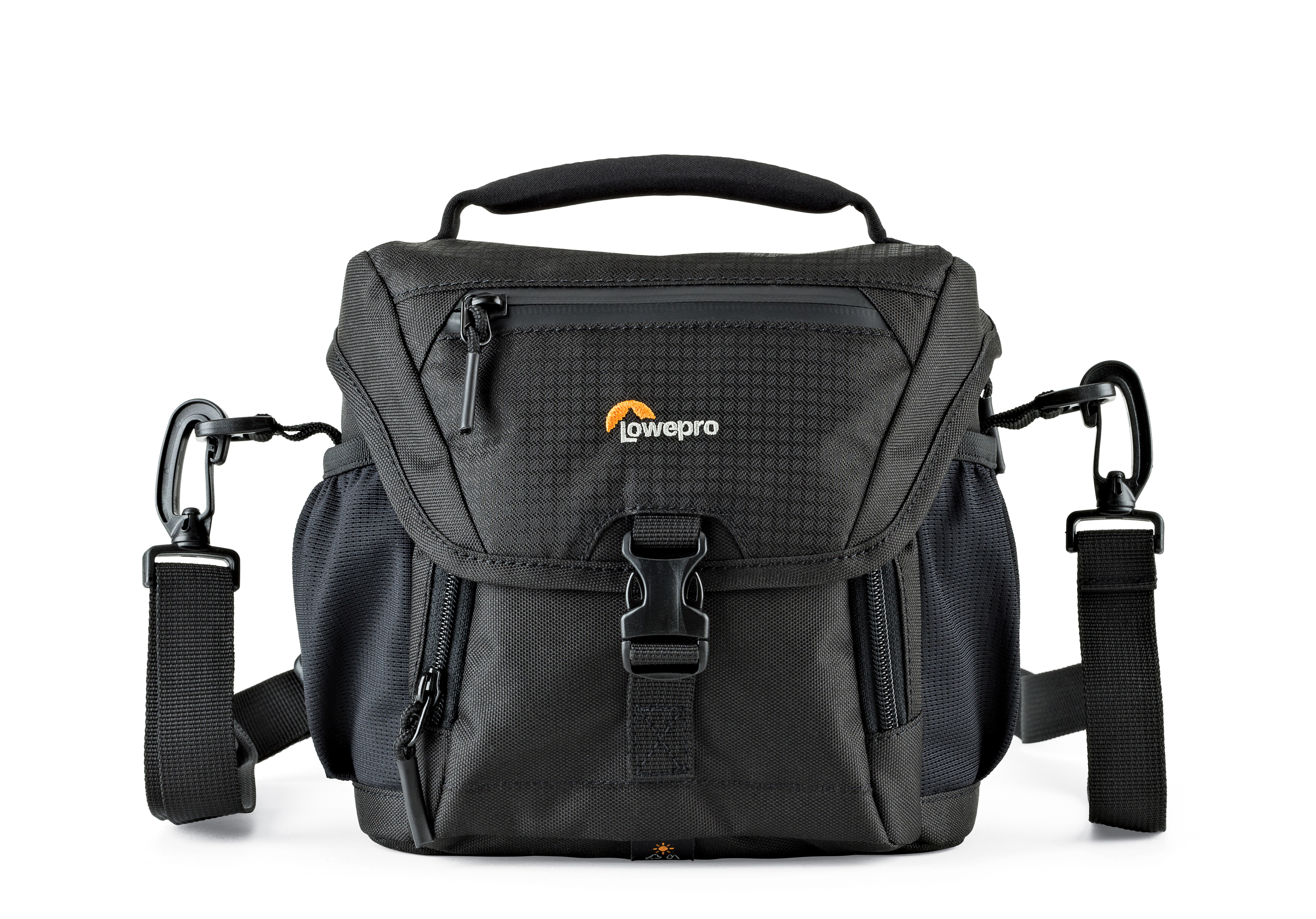 Schwarze Lowepro Kameratasche mit Griff, Schultergurtbefestigungen und mehreren Fächern.