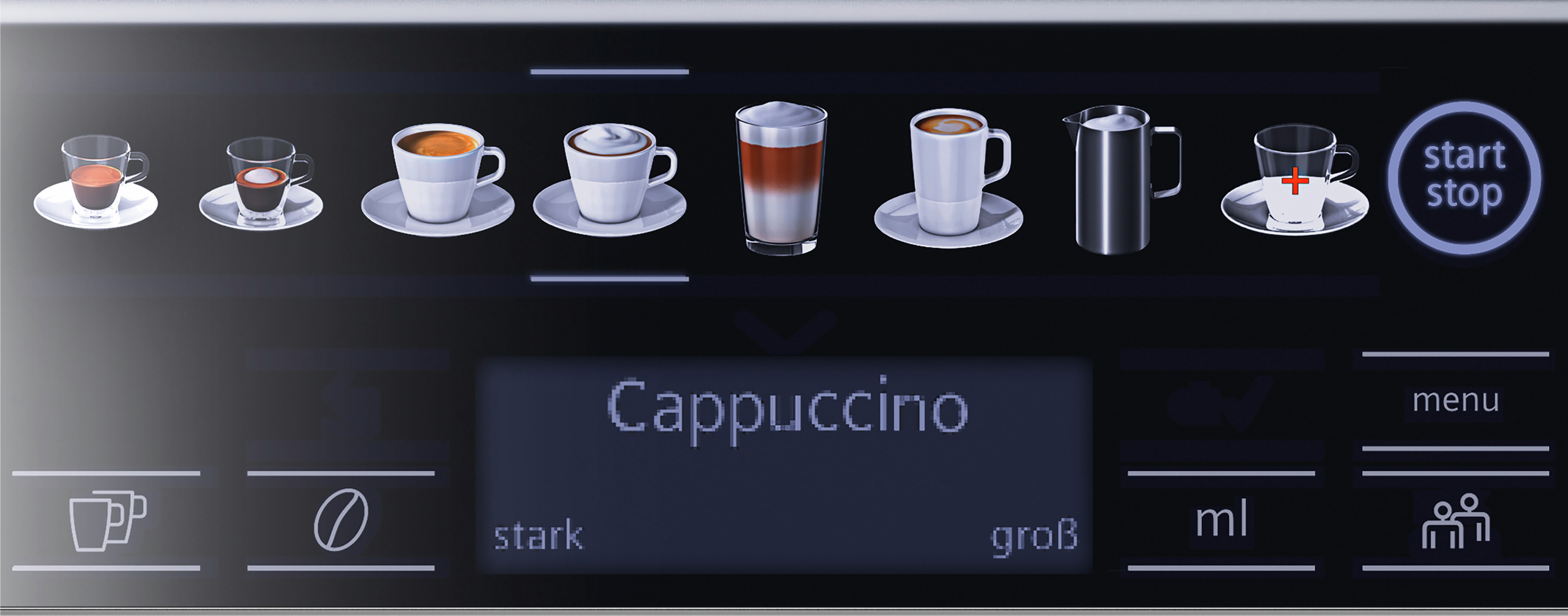 Anzeige einer Kaffeemaschine mit verschiedenen Kaffeeoptionen und Einstellungen.