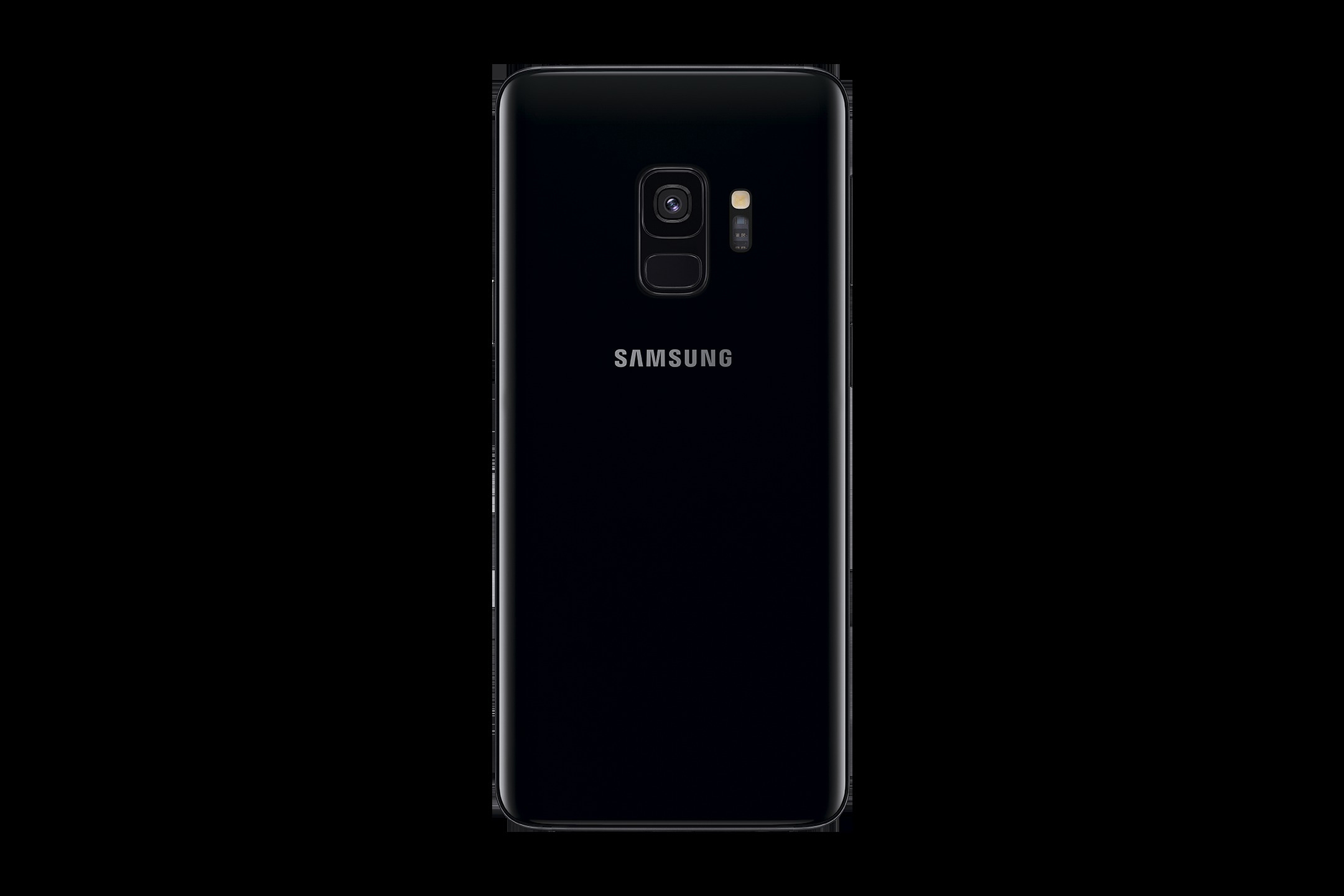 Schwarze Telefonrückseite, Samsung-Logo, Kamera und Blitz. Schwarzer Hintergrund.