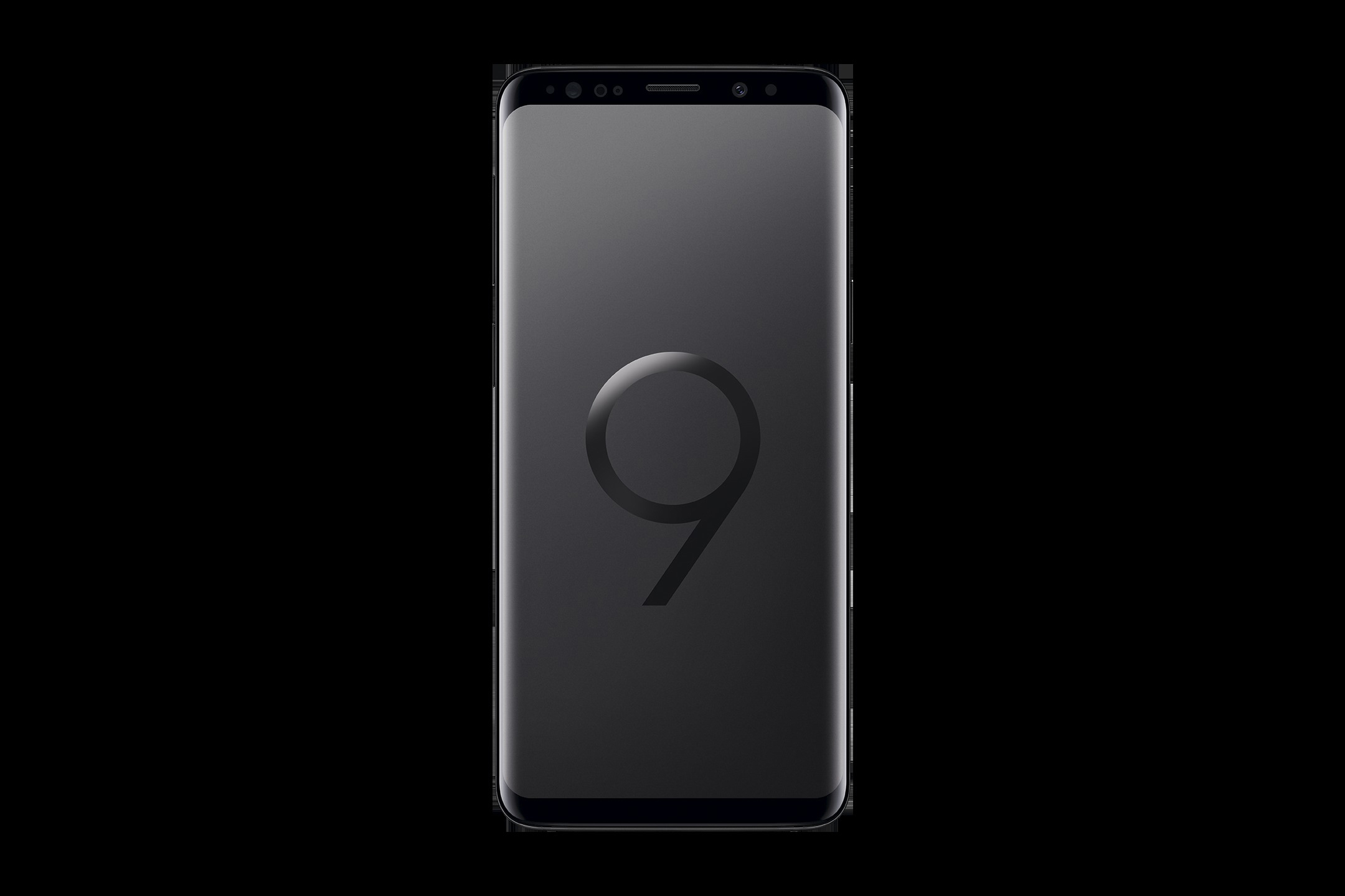 Ein schwarzer Samsung Galaxy S9-Telefonbildschirm mit der dunkelgrauen Zahl '9' auf schwarzem Hintergrund.