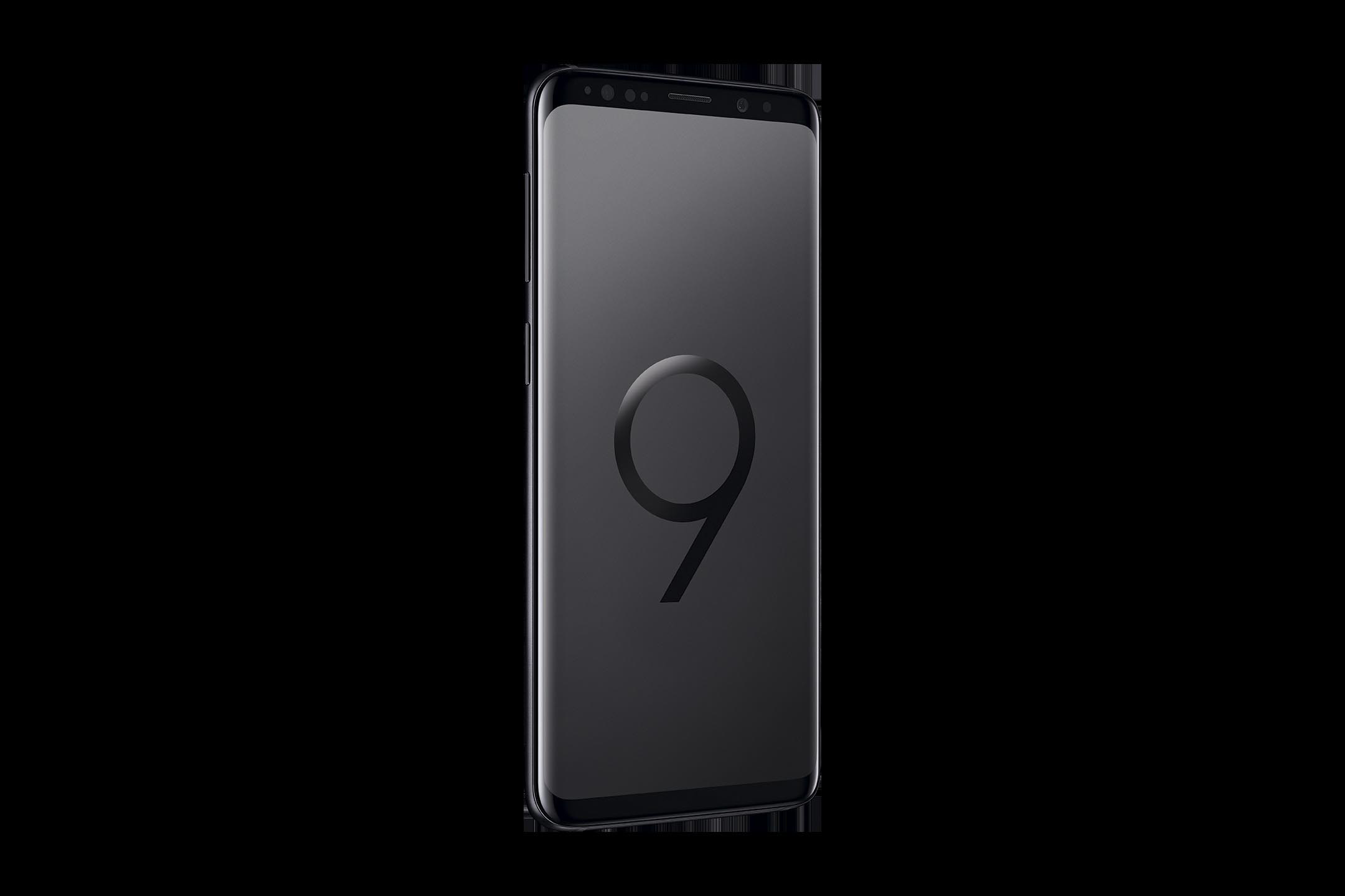 Schwarzes Samsung Galaxy S9 Telefon auf dunklem Hintergrund.