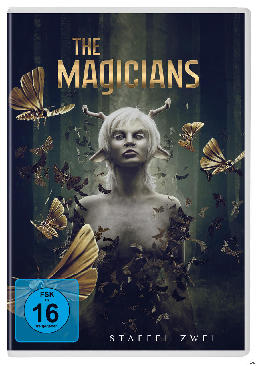 DVD-Cover. Eine Frau mit Schmetterlingsbildern. Titel: The Magicians, Staffel Zwei.