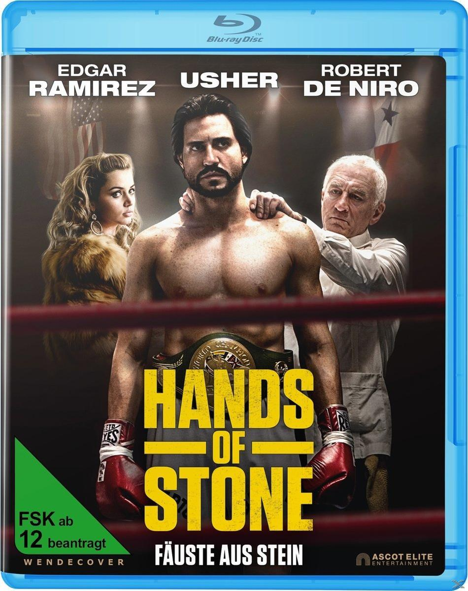 Filmcover: Boxer mit Gürtel, Schauspielernamen und Titel 'Hands of Stone' auf Blu-ray Disc.