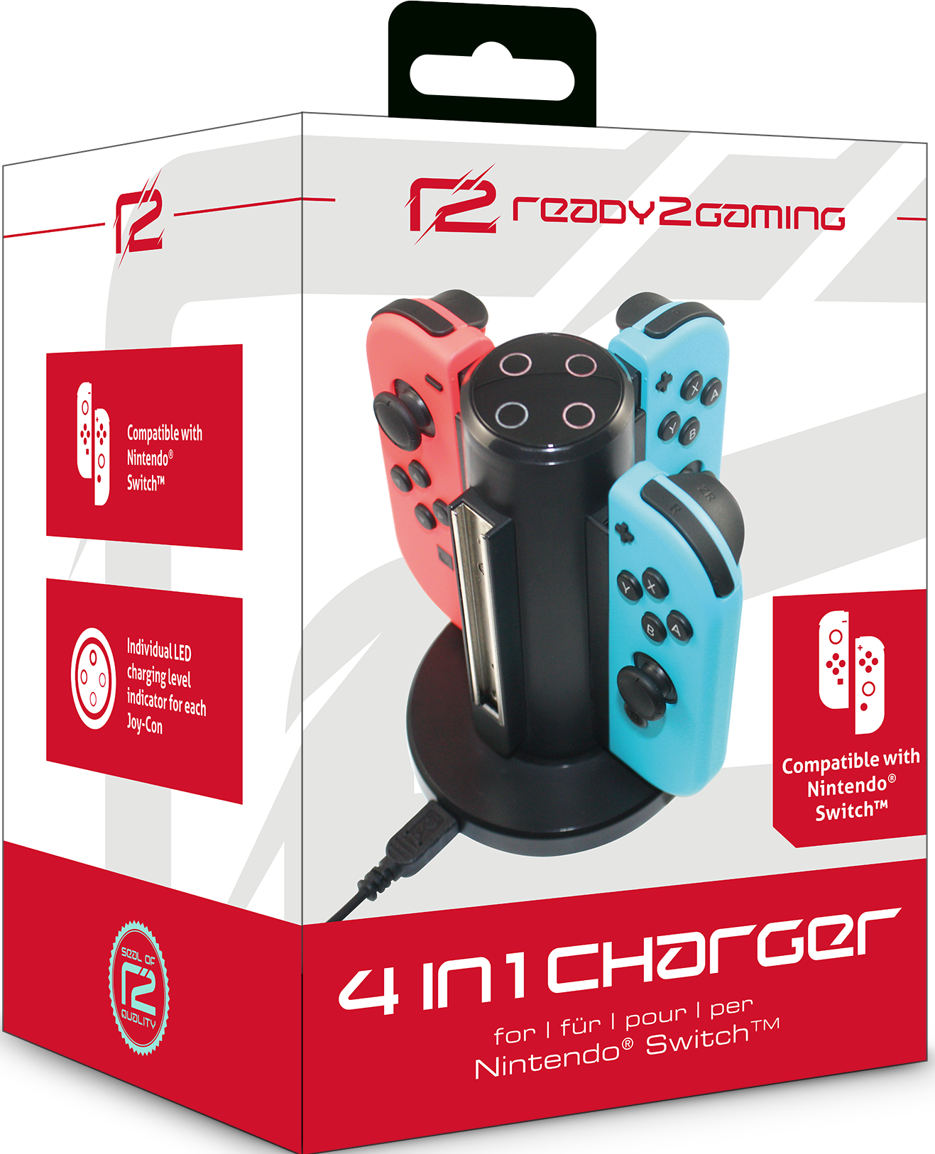 Box mit schwarzem Ladegerät, zwei roten und zwei blauen Nintendo Switch Controllern.