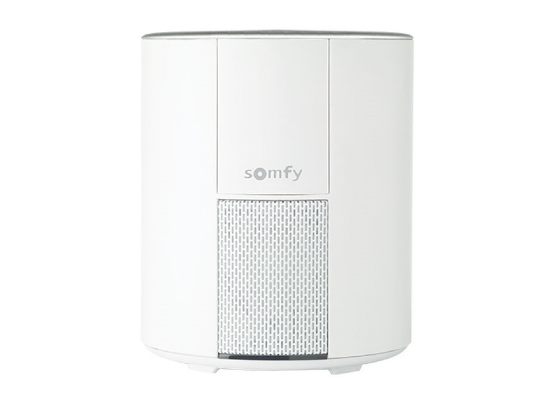 Een wit cilindrisch smart home-apparaat met de merknaam 'Somfy' op de voorkant.