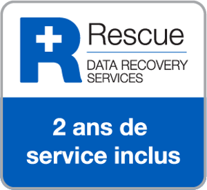 Logo bleu et blanc des services de récupération de données avec texte : 2 ans de service inclus.