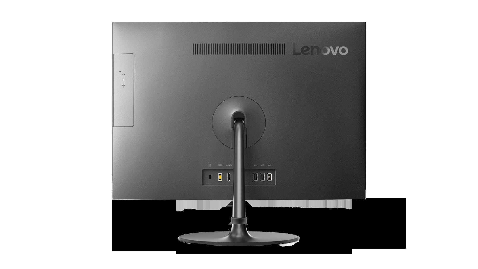 Rückansicht eines schwarzen Lenovo-Monitors mit Anschlüssen unten.