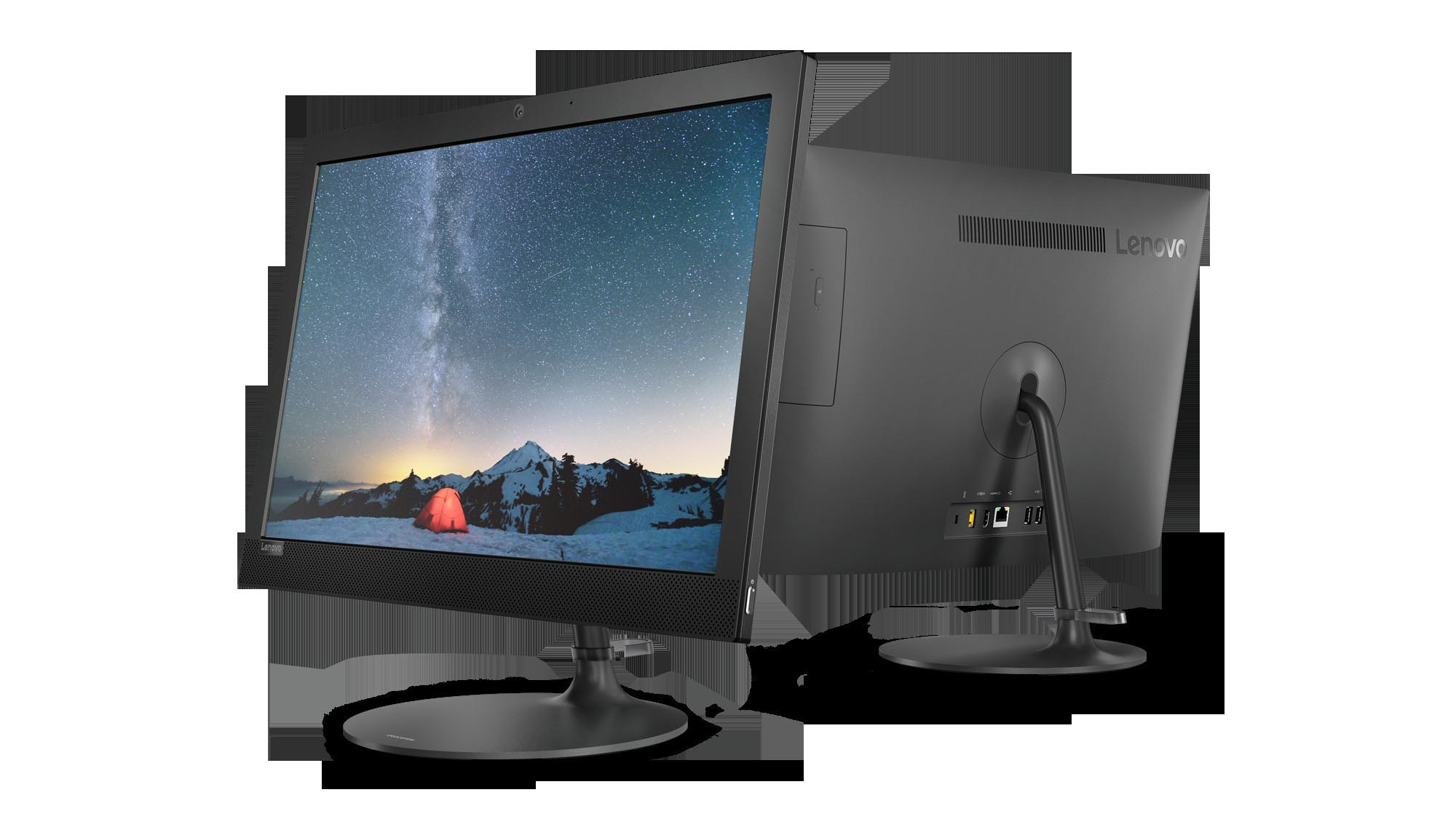 Lenovo All-in-One-Computer mit Berglandschaft auf dem Bildschirm, schwarz.