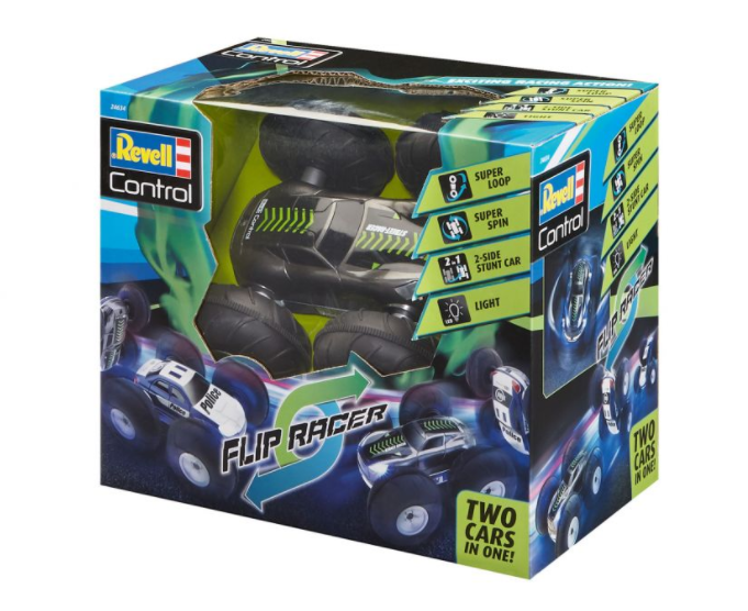 Box mit schwarzem Spielzeugauto, "Flip Racer", mit zwei kleineren Spielzeugautos.