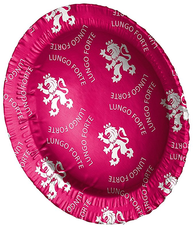 Rosa Kaffeepad mit weißen Löwen und Text: LUNGO FORTE.