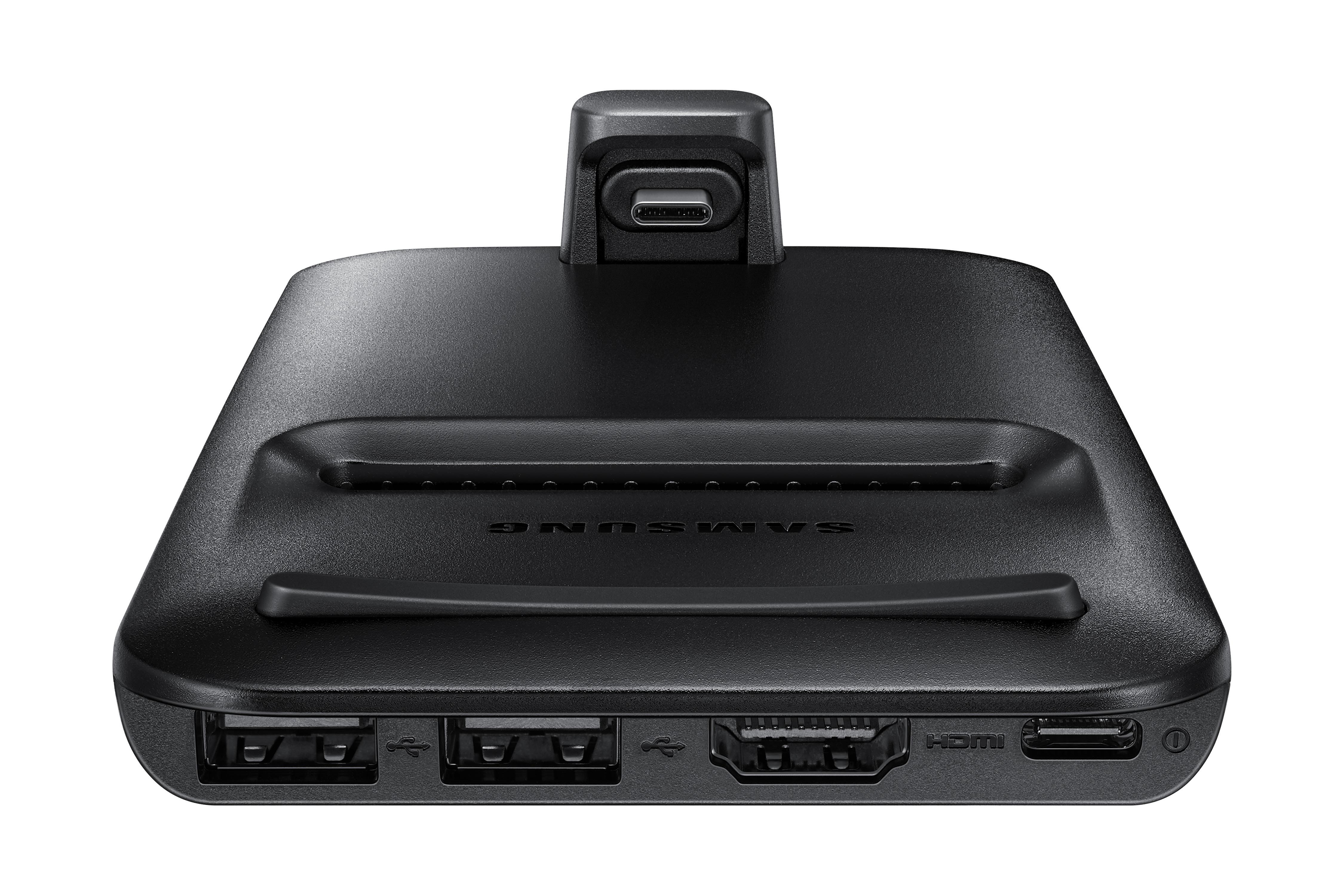 Eine schwarze Samsung Ladestation mit mehreren Anschlüssen. Weißer Hintergrund.