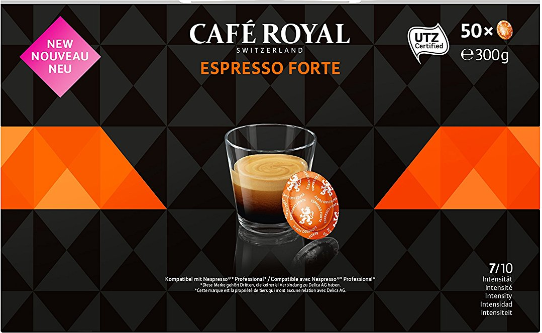 Kaffeepackung mit Espresso, orangefarbenes Design. Kaffeetasse mit Crema. Schwarz, orange und weiß.