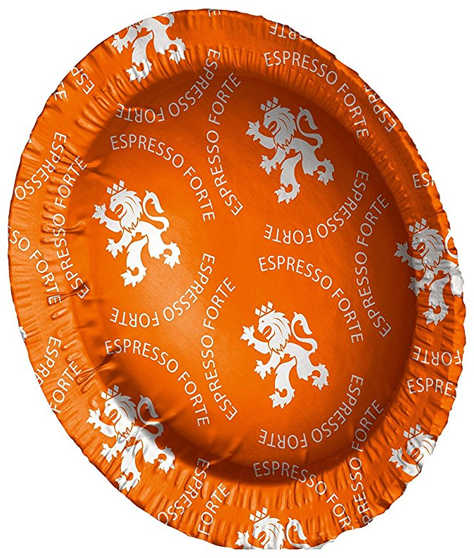 Orangefarbene Kaffeekapsel mit weißem Text. Der Text lautet 'ESPRESSO FORTE'.