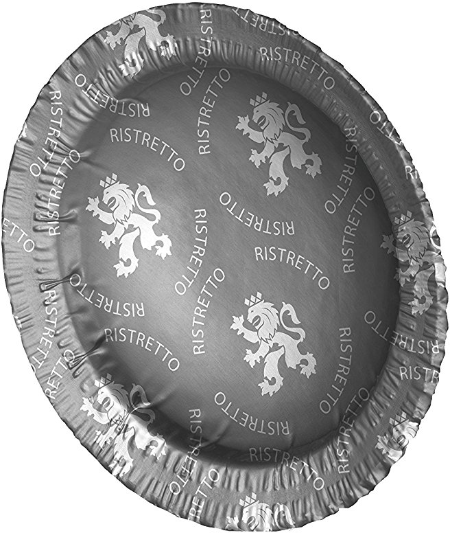 Runde, silberne Kaffeekapsel mit dem Wort 'Ristretto'. Mit Löwen-Wappen-Design.
