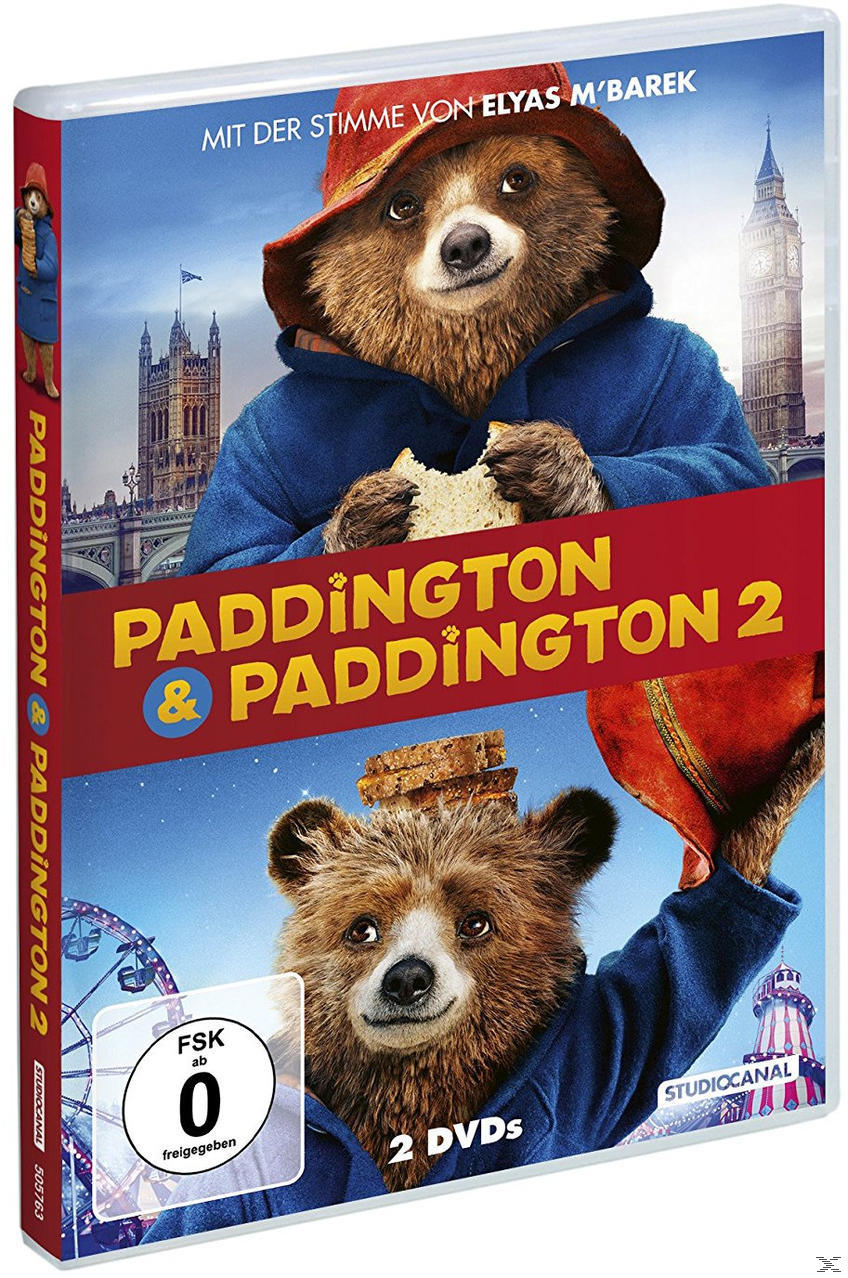 DVD-Hülle für den Film 'Paddington & Paddington 2'. Mit zwei Bären und blauem Himmel.