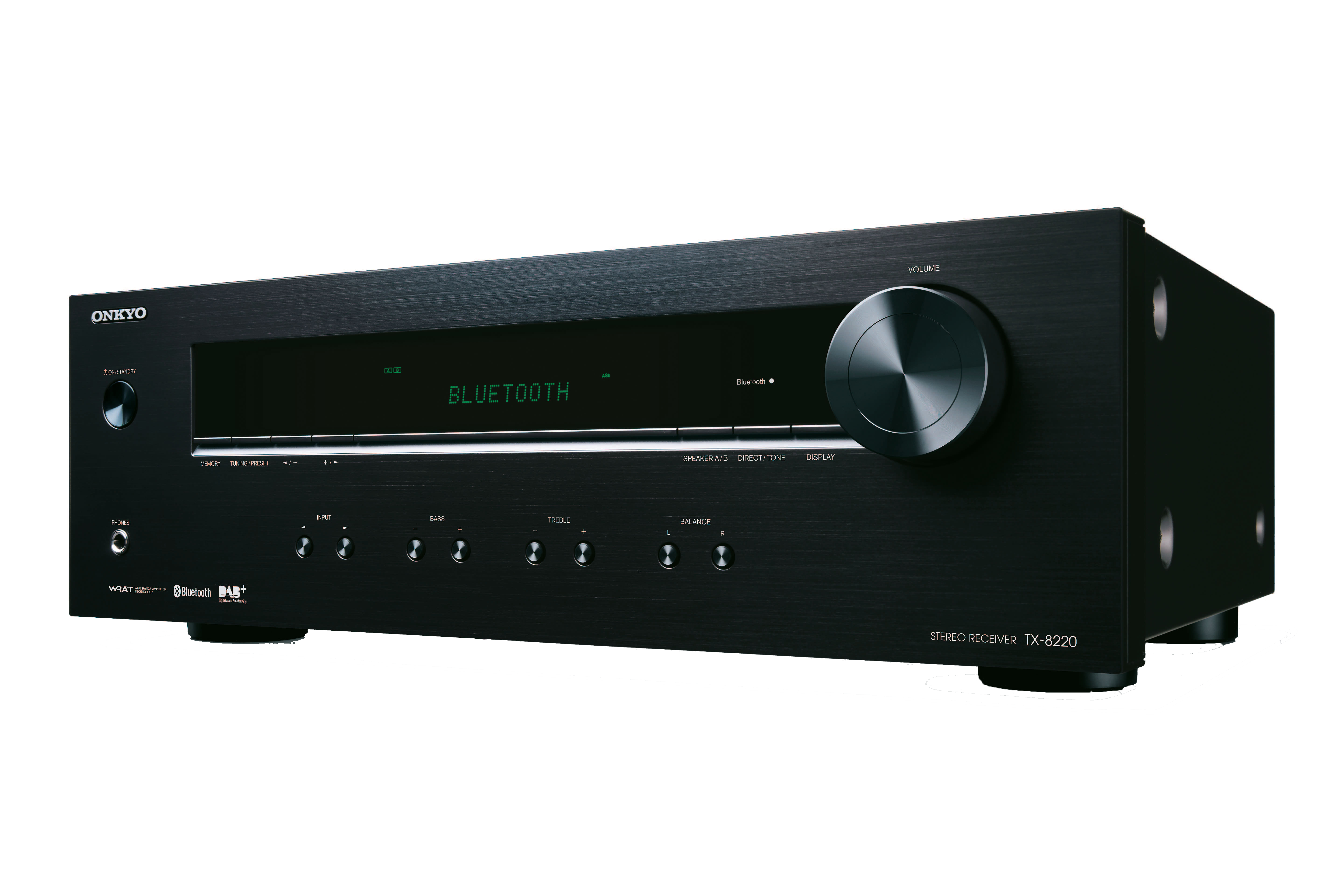 Black stereo receiver with a display, buttons, and a volume knob. Black background.