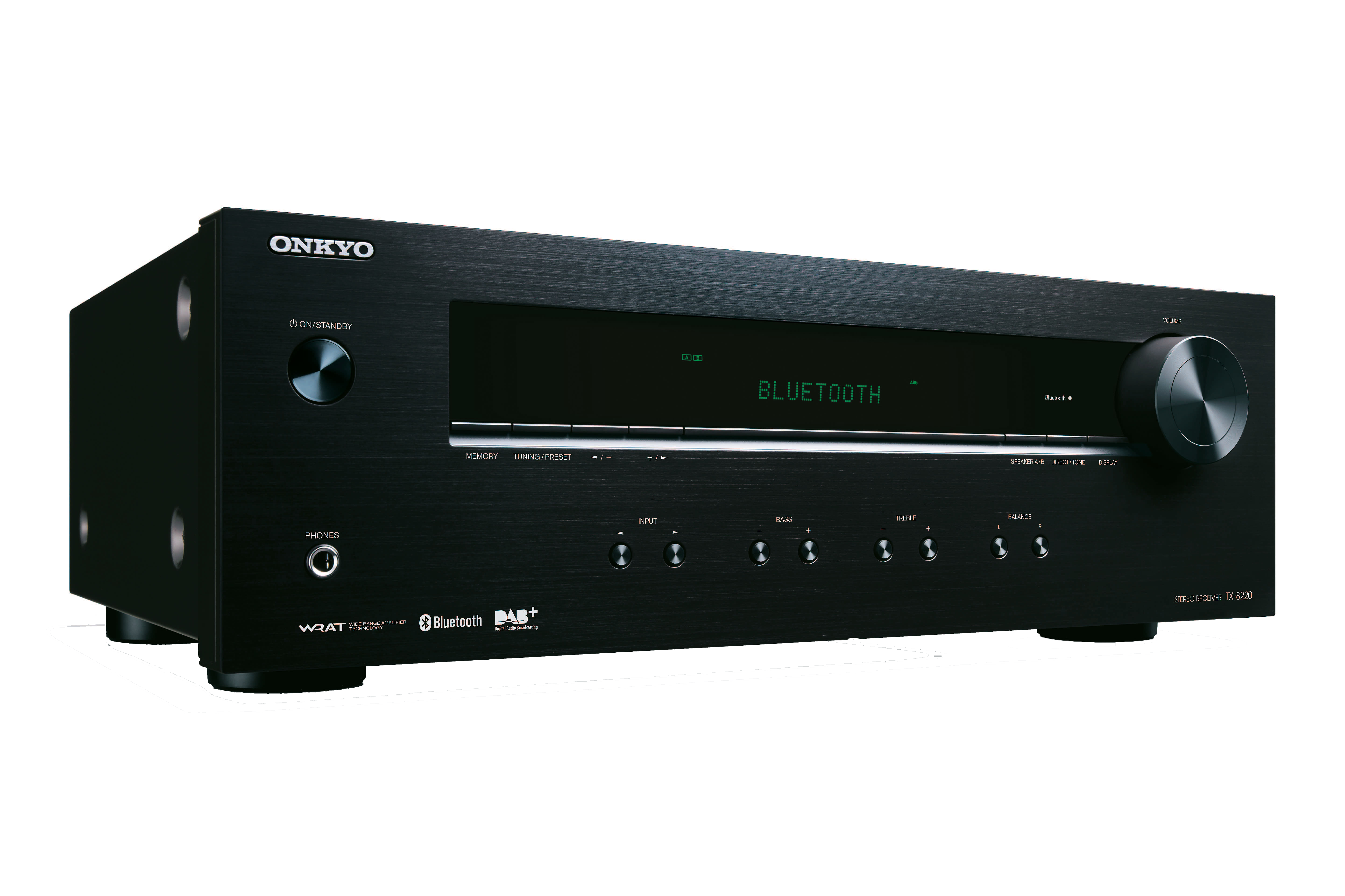 Black audio receiver with a display showing 'Bluetooth' and buttons. The Onkyo logo is on top.