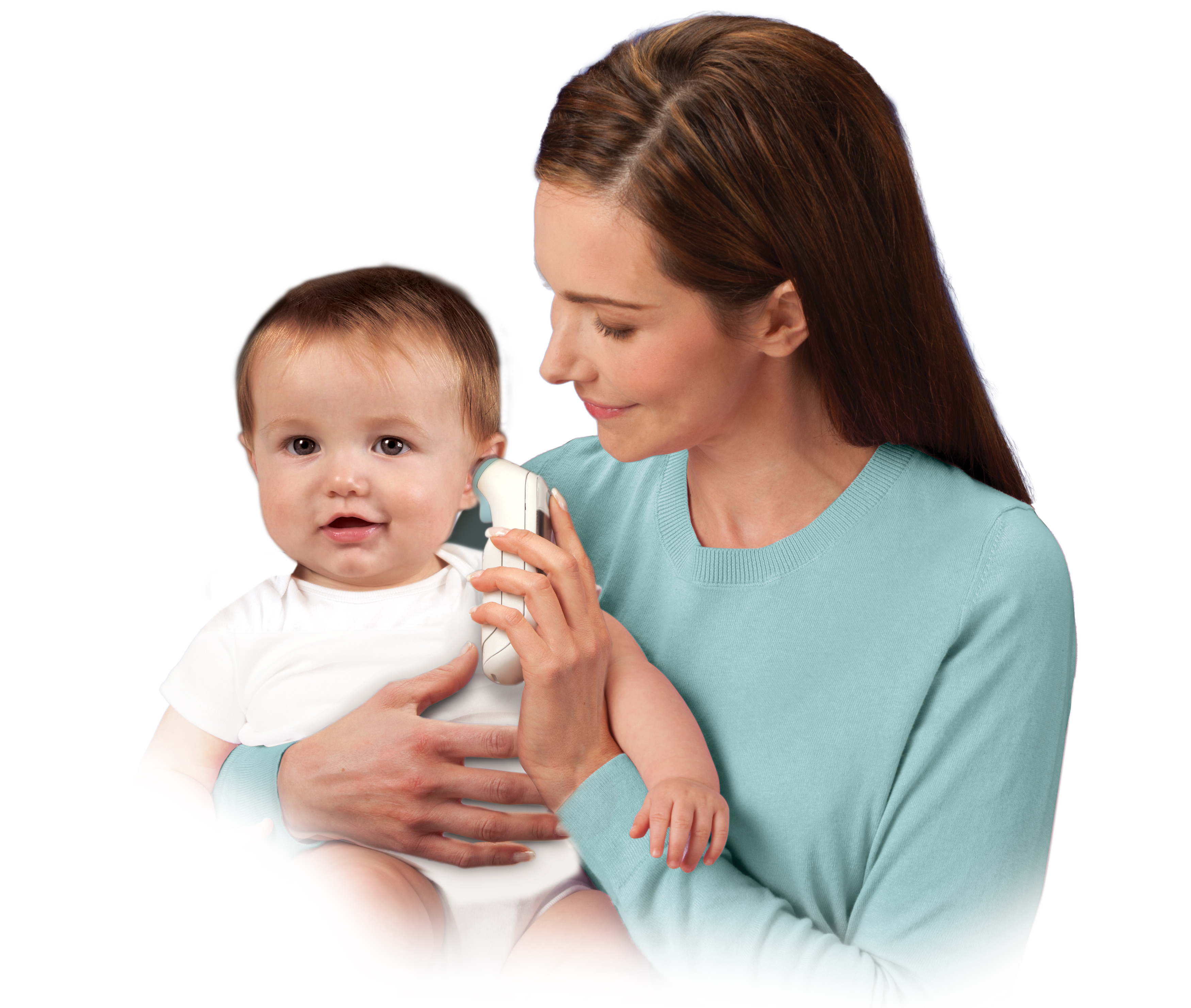 Mutter misst Temperatur eines Babys mit Thermometer, Baby blickt zum Betrachter.