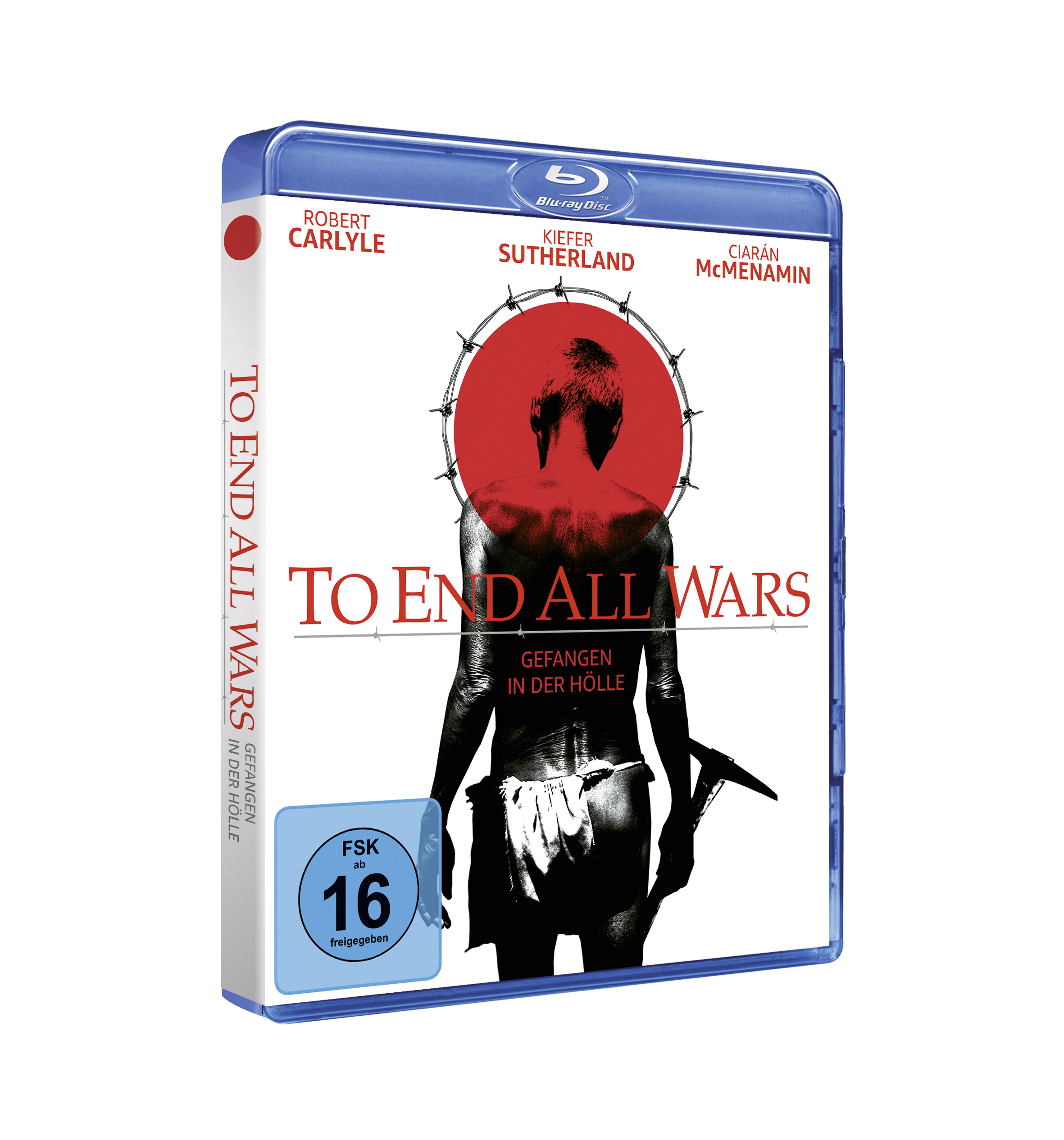 Film-Blu-ray-Hülle: To End All Wars. Bild eines Mannes vor einem roten Kreis. Blaue Hülle.