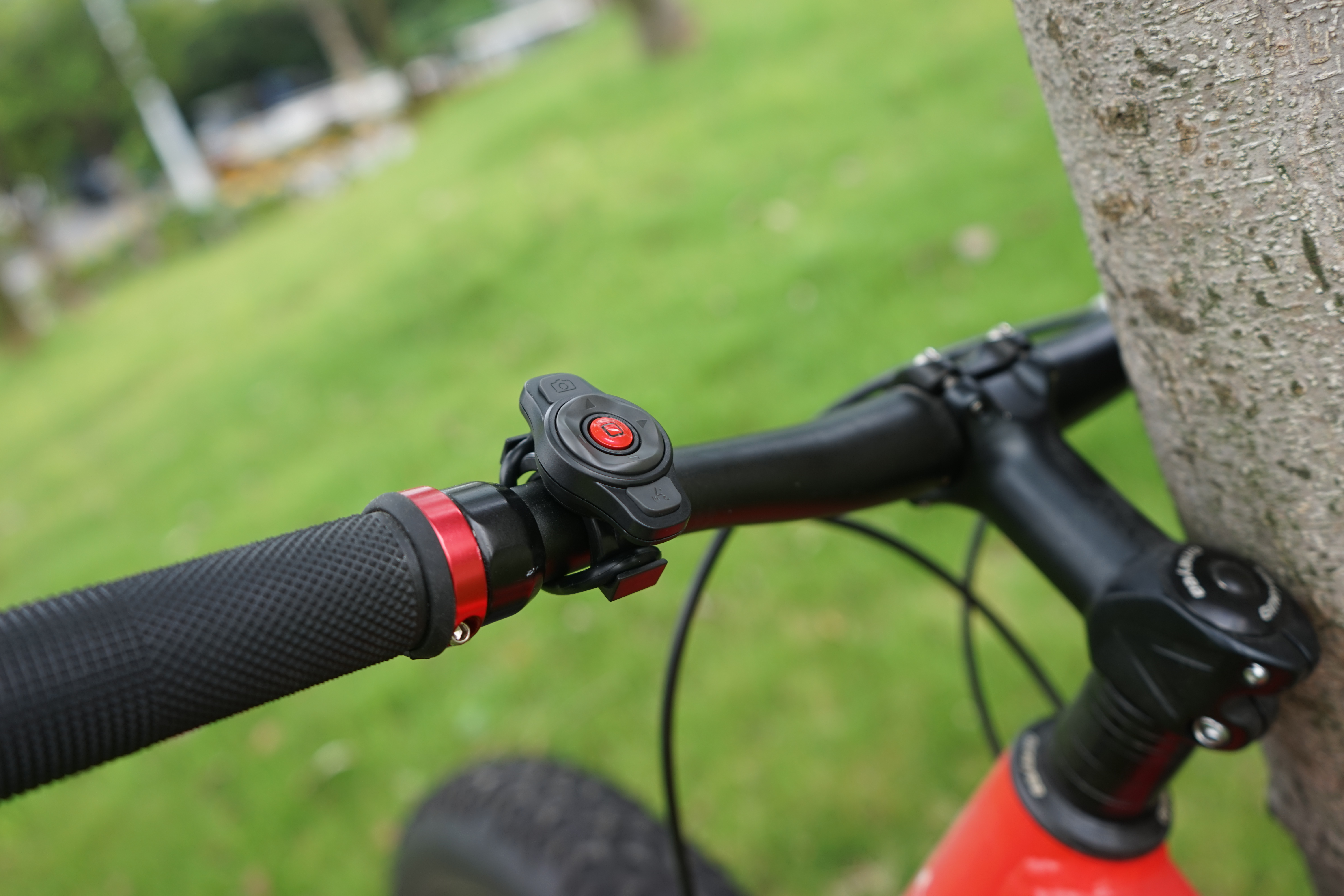 Ein Fahrradlenker mit einem roten Knopf, vor verschwommenem grünen Hintergrund.