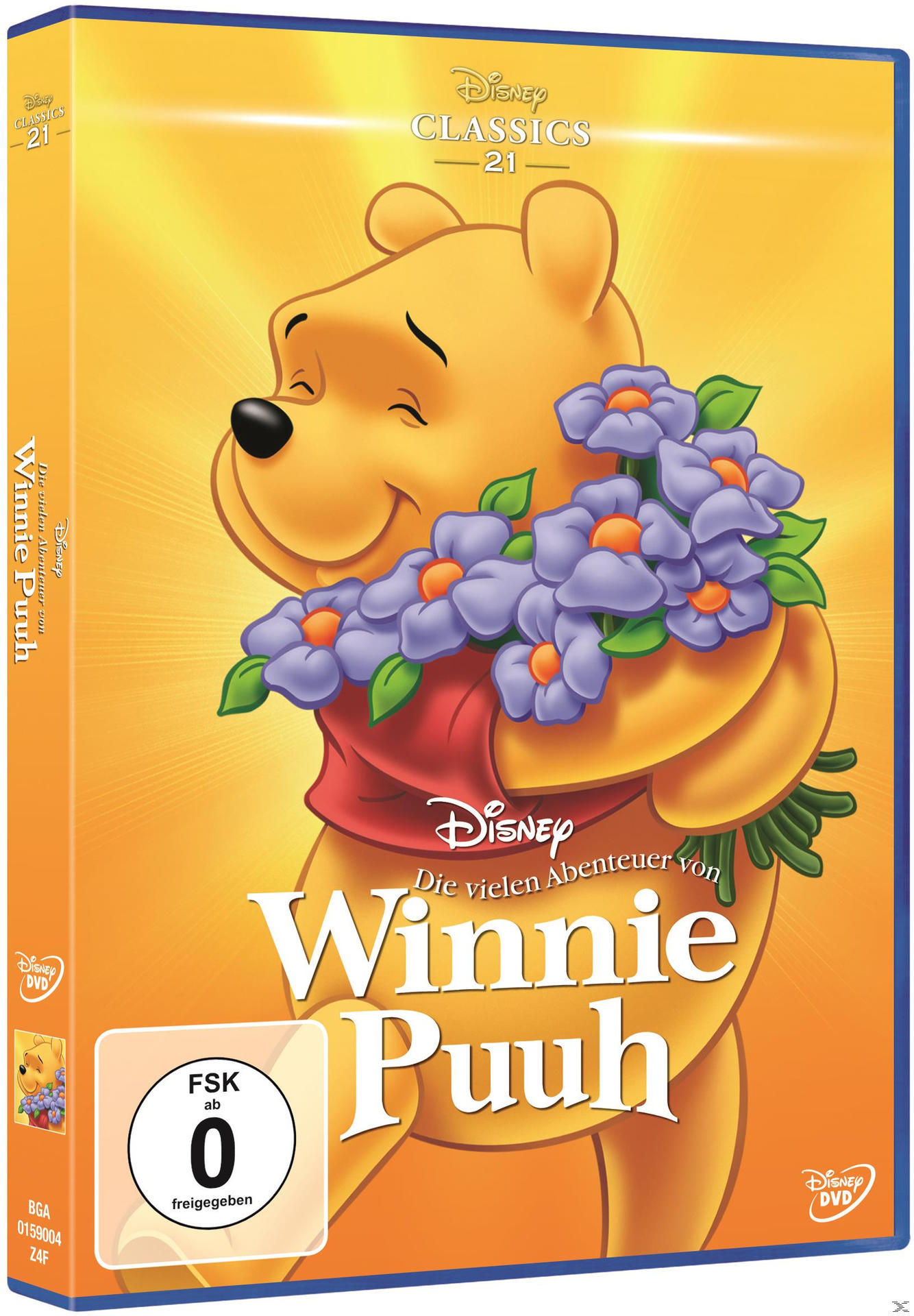 DVD-Hülle von Winnie Puuh, einem gelben Bären, der lila Blumen hält.