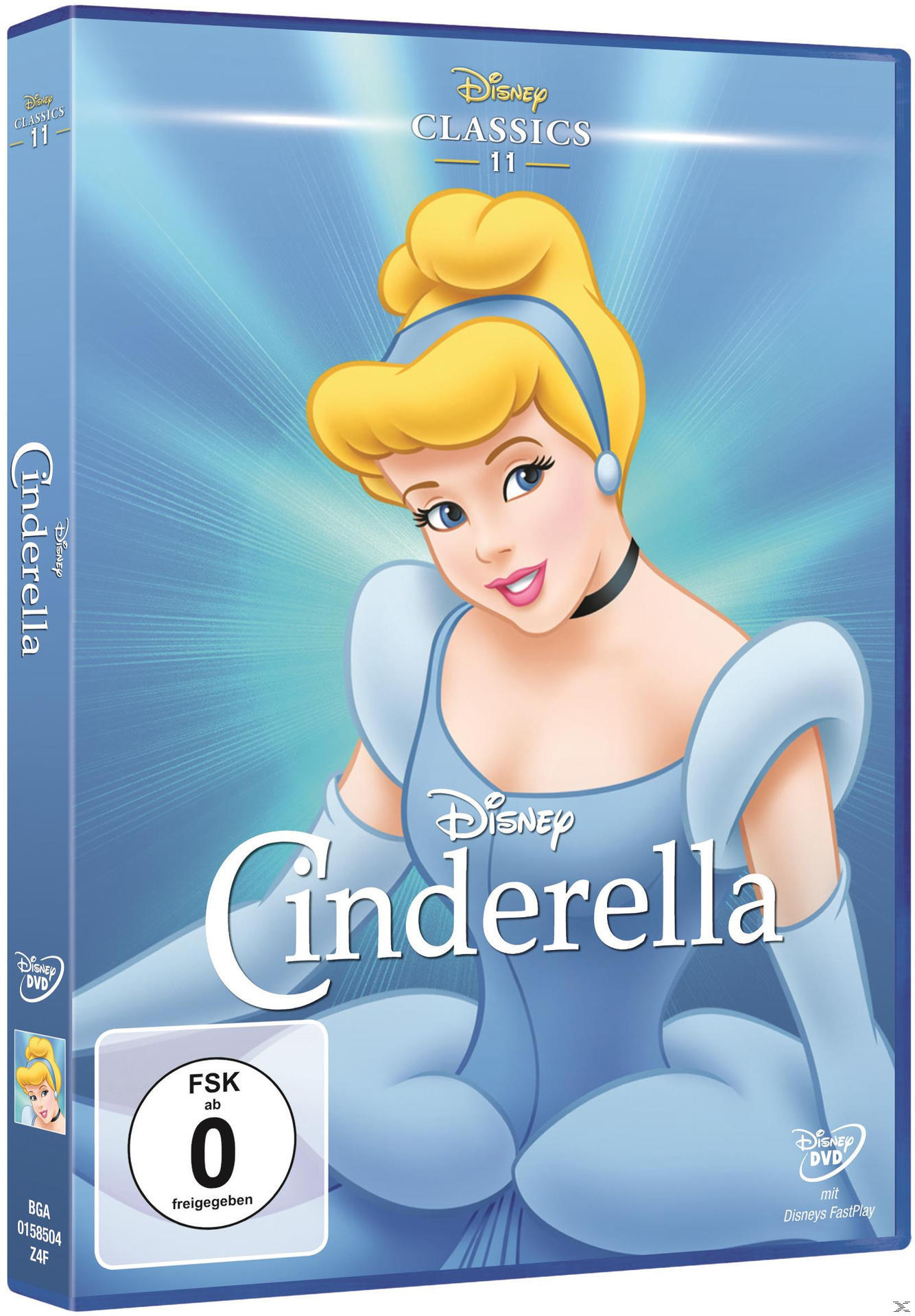 Cinderella DVD-Cover. Cinderella in einem blauen Kleid. Ein blauer Hintergrund.