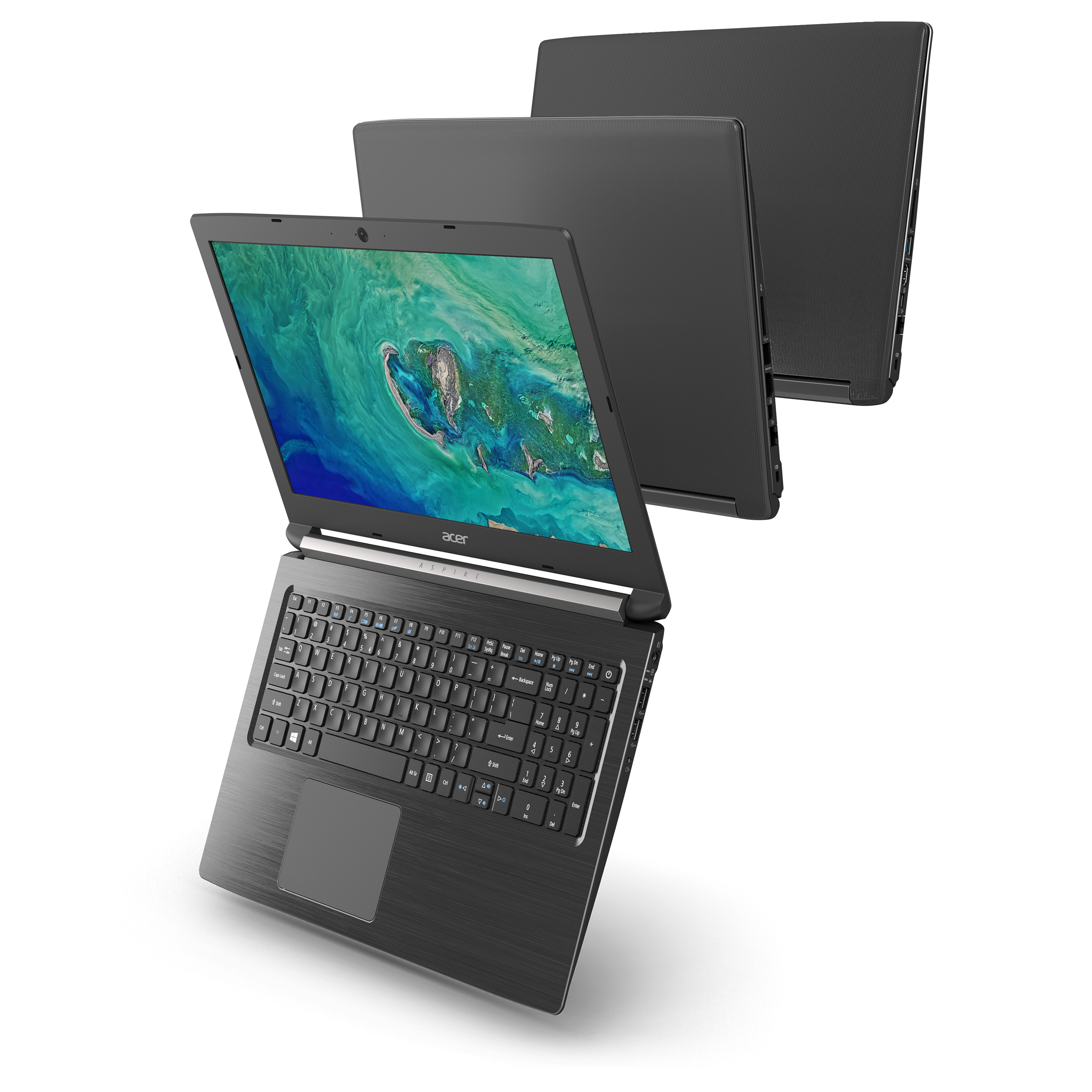 Schwarzer Laptop mit drei Bildschirmen, einer geöffnet.