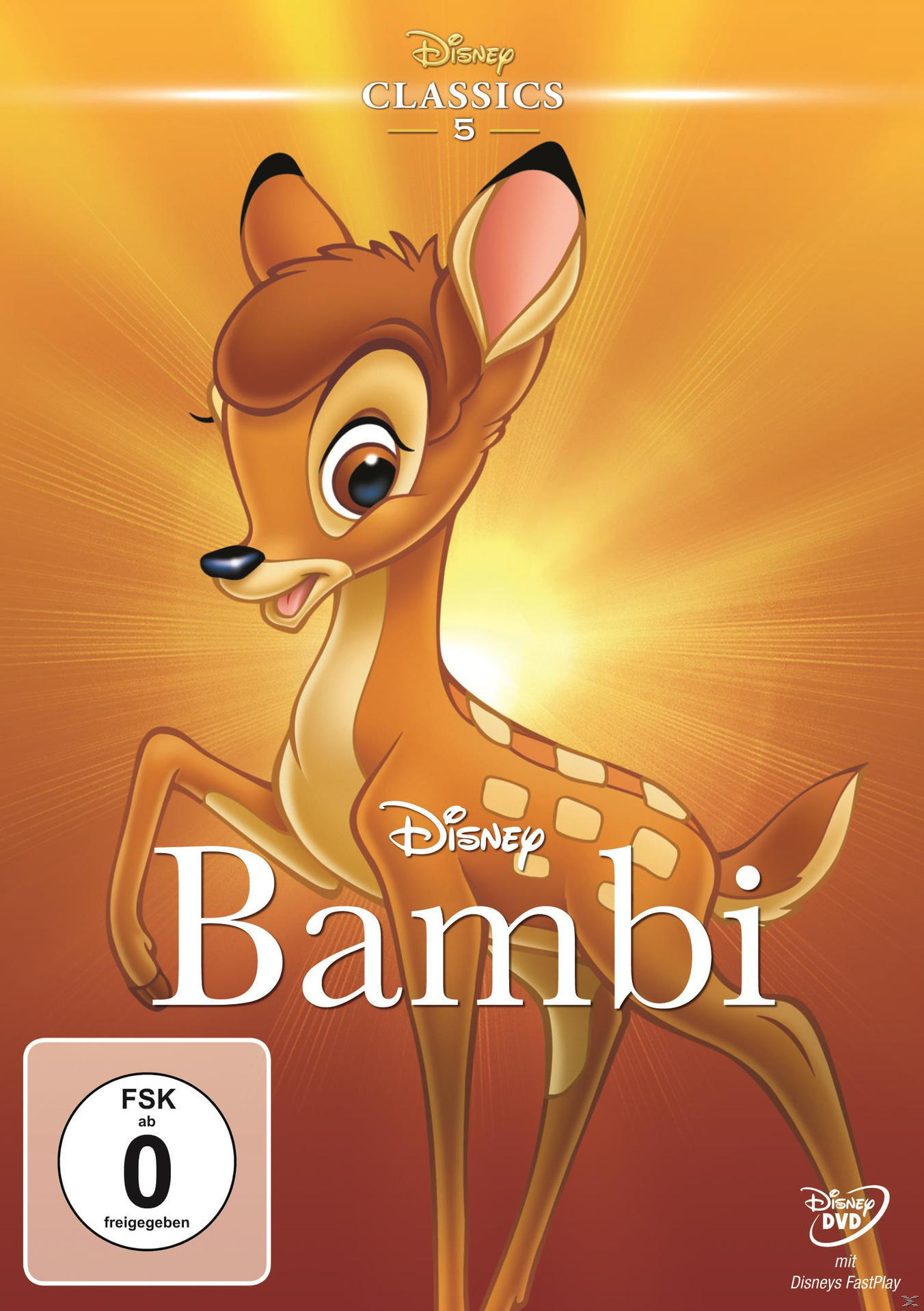 DVD-Cover von Disneys 'Bambi'. Ein Reh steht vor gelbem Hintergrund.