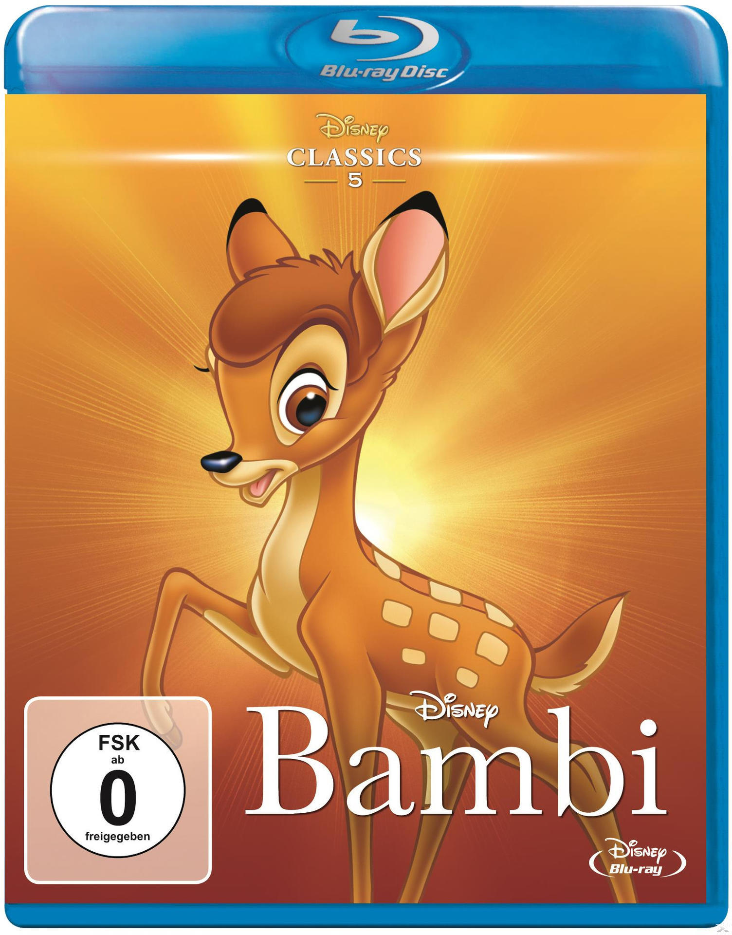 Blu-ray-Cover für Disneys 'Bambi' mit einem Reh vor sonnigem Hintergrund.