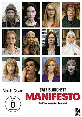 Filmcover mit mehreren Bildern von Cate Blanchett, Filmtitel 'Manifesto'.