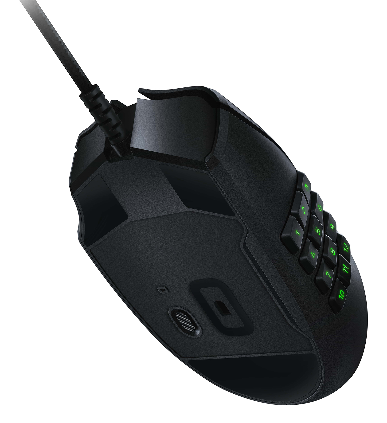 Zwarte gamingmuis met cijfertoetsen. Het heeft een snoer en staat op een witte achtergrond. Cijfers op toetsen zijn groen.